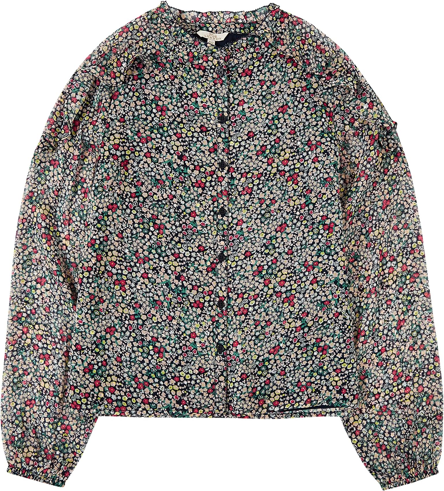 FG4 London - Paula Blouse | Beautiful girls blouse with multi-coloured flowers | floral blouse in navy, button up with frill details