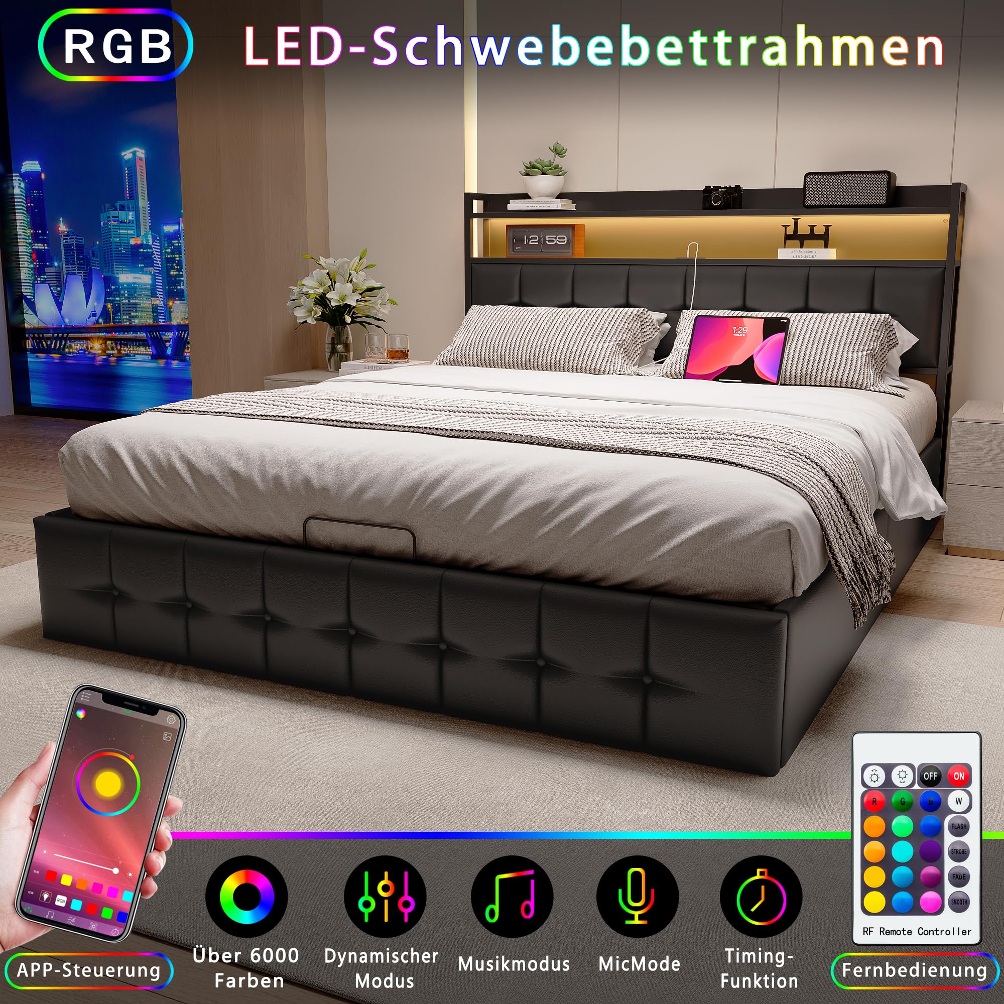 Cama de Matrimonio 140x200 con Almacenaje y Cabecero, Cama Doble Tapizada con LED y USB-C Camas Matrimoniales 140x200 con Hidráulica Almacenaje Marco de Cama matrimonial Tela de PU Negro, Sin Colchón