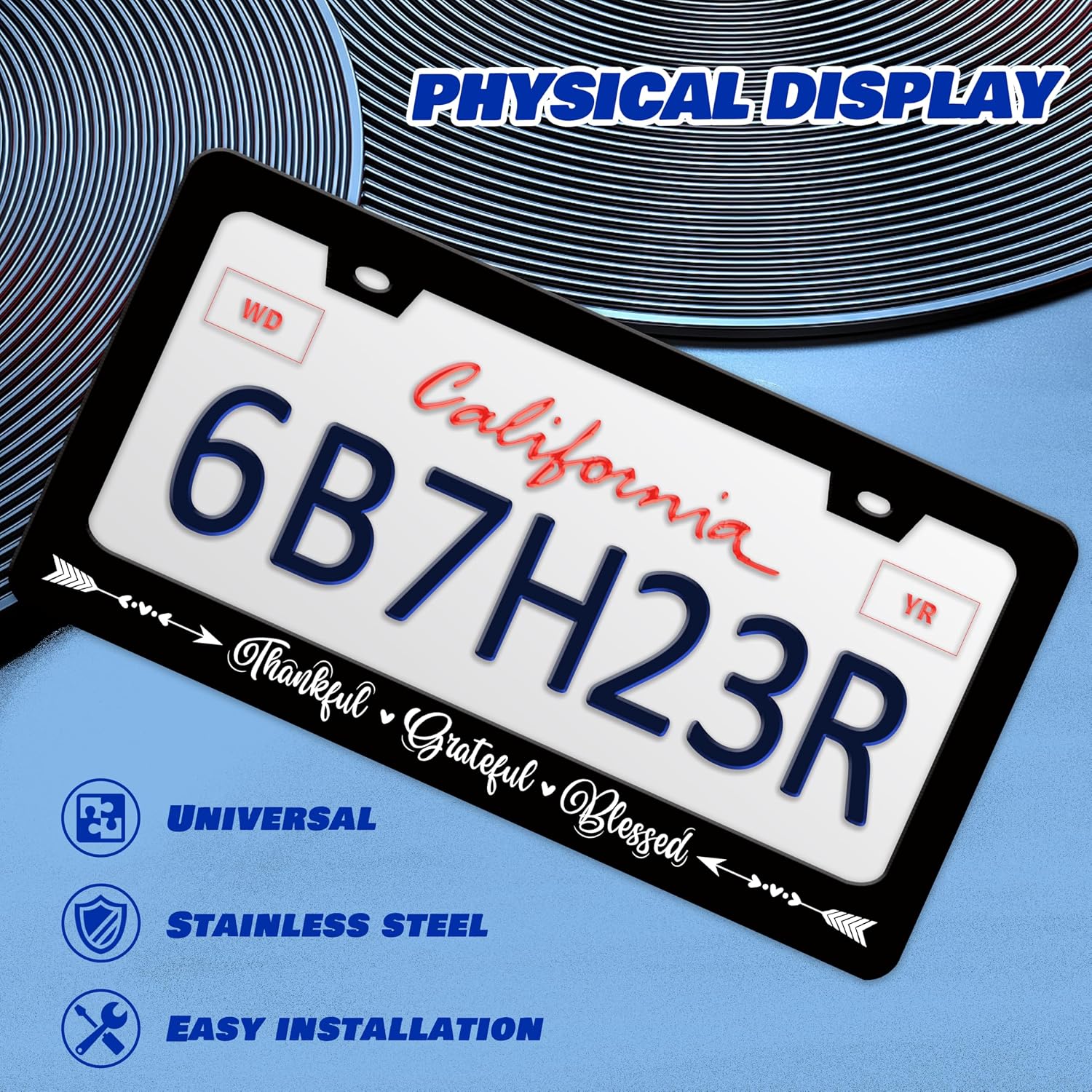 Thankful Grateful Blessed License Plate Frame Christianity License Plate Frames Personalise Stainless Steel Funny Design Compatible with Standard License Plate Holder for USA and Canada 6 X 12 Inch