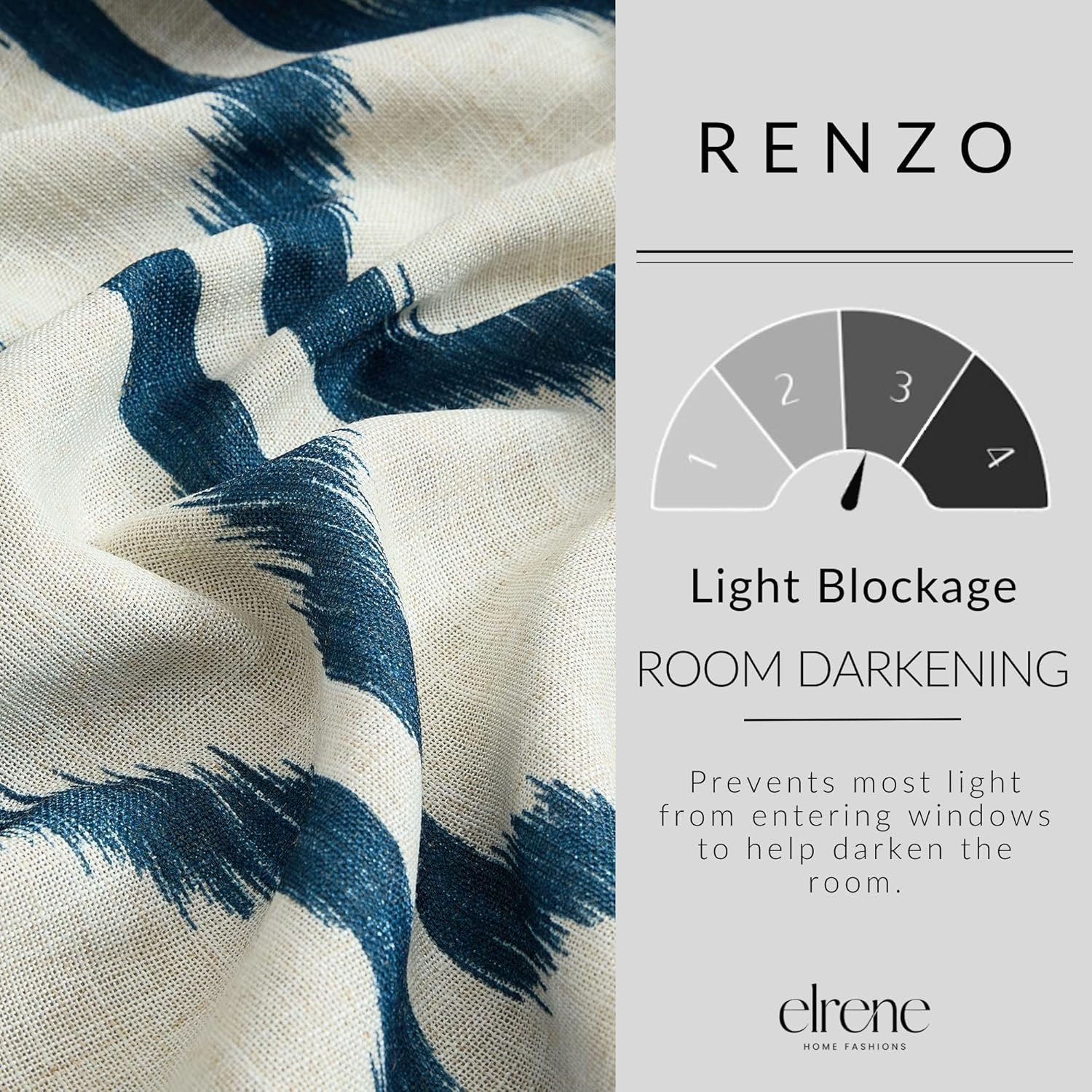 Elrene Home Fashions Renzo Ikat Geometric Room-Darkening Window Curtain, Living Room and Bedroom Drape with Grommets, 52"x84", 1 Panel, Indigo