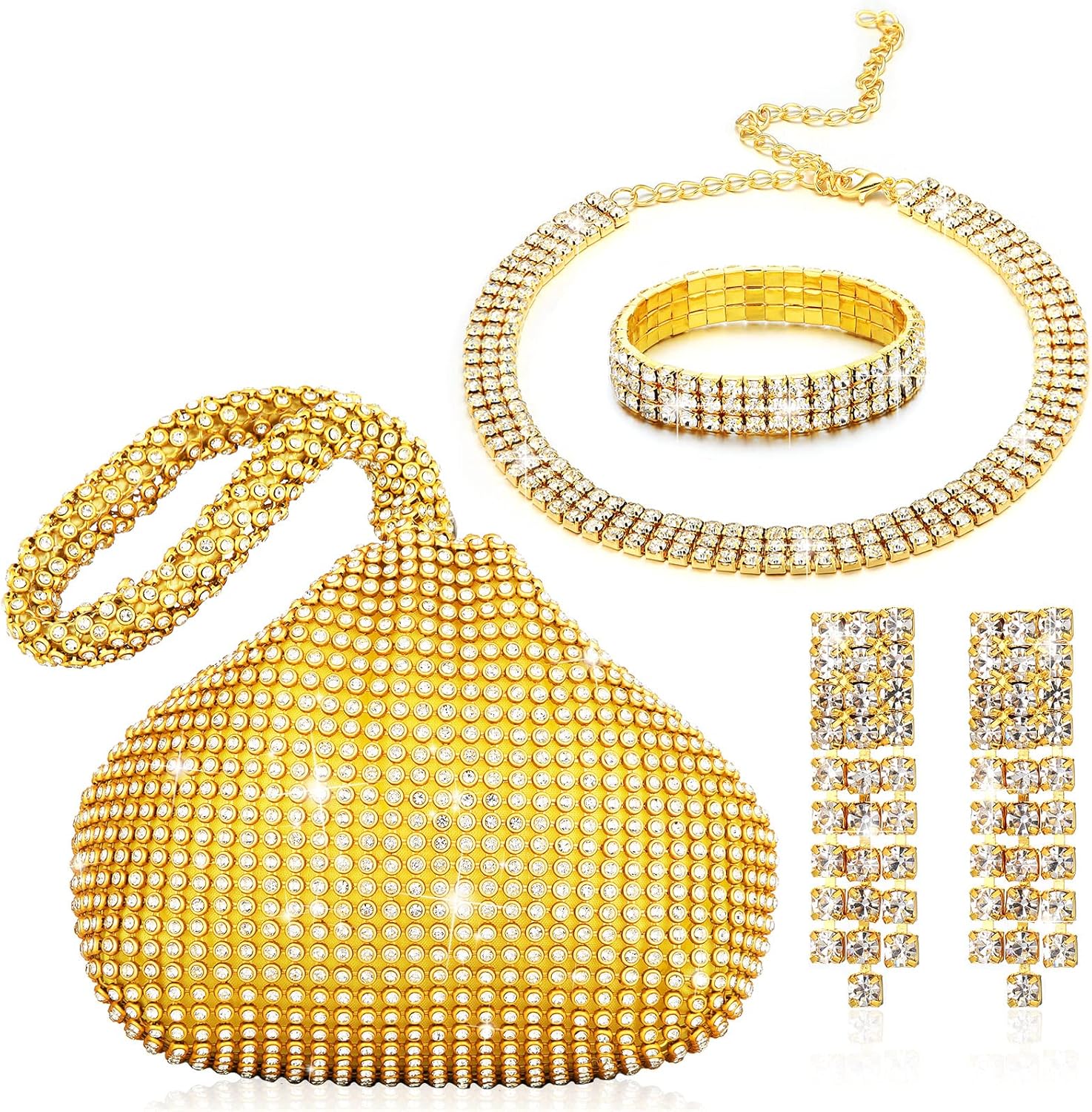 Mixweer 4 Pieces Clutch Purses Bag for Women Evening Rhinestone Jewelry Set Bling Necklace Earrings Bracelets Set for Wedding (Delicate Style)