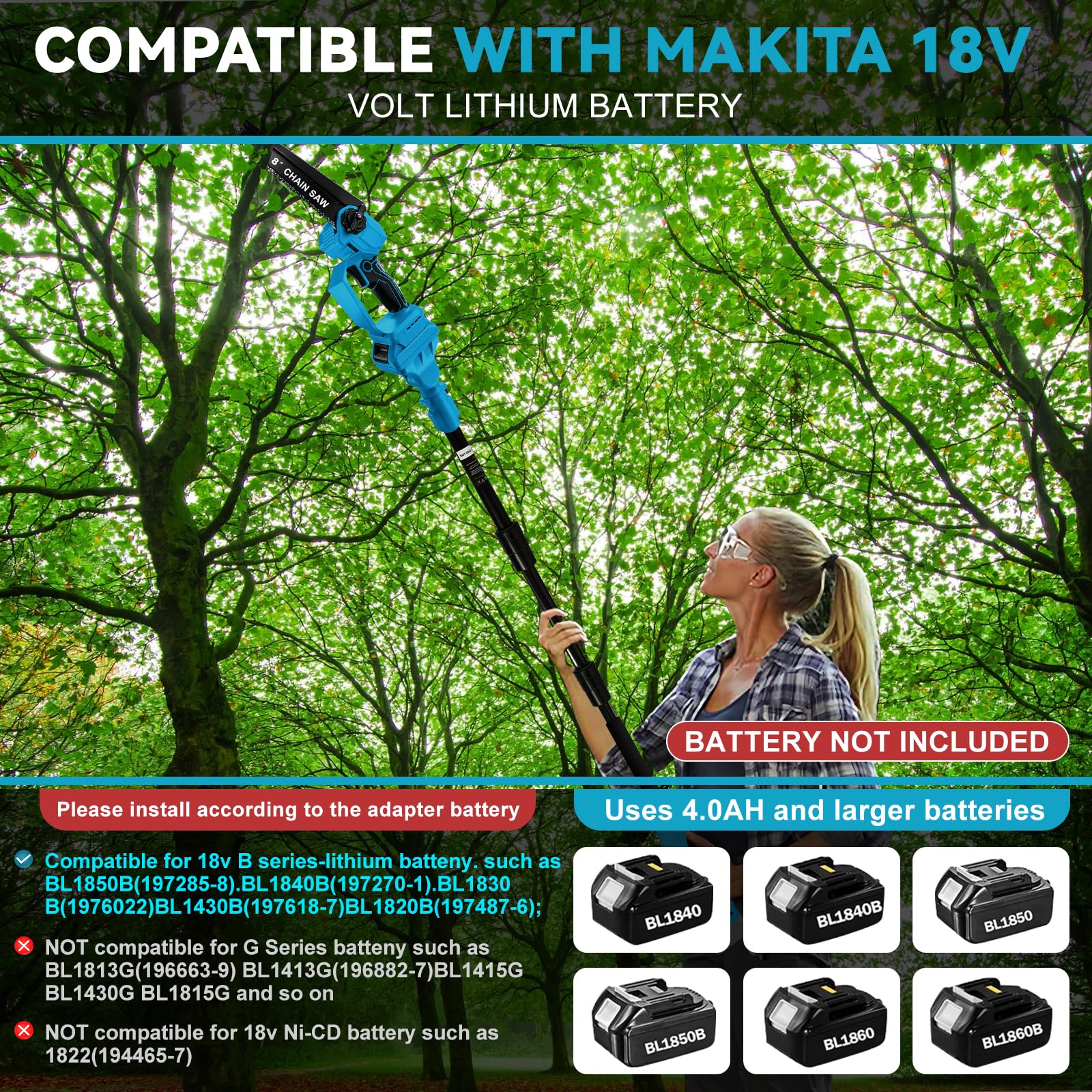 4IN1 Akku Astschere Kettensäge, 45mm Elektro Gartenschere & 8 Zoll Kettensäge Mit 2m Teleskopstiel, kompatibel mit Makita 18V Akkus (ohne Akku), bürstenloser Motor, Arbeitshöhe bis 4,5ft-8ft