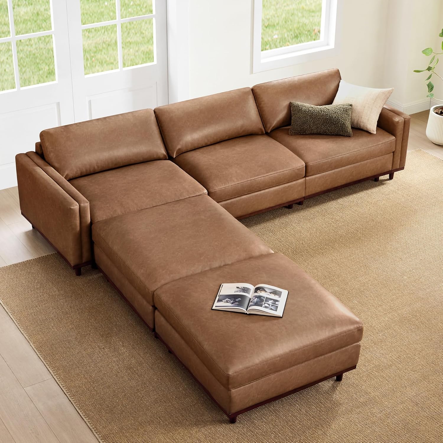 CHITA 118" Super Large Luxury L Shape Convertible Sectional Modular Sofa, FSC Certified Down Filled Modern Sofa, Deep Seat Cloud Couch, 5 Seat Couch with Chaise, Solid Wood Leg, Faux Leather in Camel