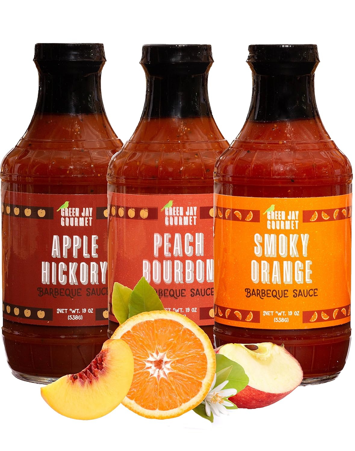 Green Jay Gourmet BBQ Sauce Sweet Sampler Smoky Orange, Apple Hickory & Peach