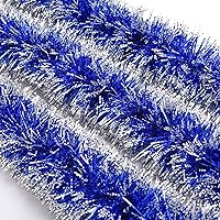 Vista 5 de BBTO Guirnalda de oropel azul y blanco de 32.8 pies de Navidad, decoración de árbol de Navidad, guirnalda metálica para colgar en el techo