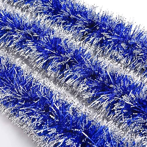 Vista 5 de BBTO Guirnalda de oropel azul y blanco de 32.8 pies de Navidad, decoración de árbol de Navidad, guirnalda metálica para colgar en el techo