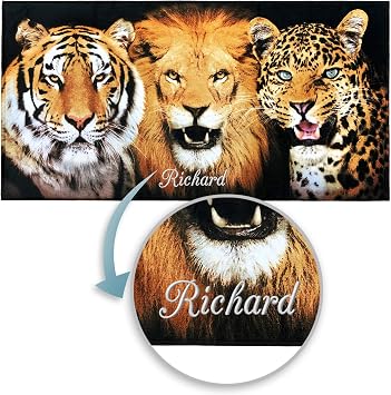 Softerry Personalized Big Cats Beach Towel 30 x 60 inches Wild Felines Lion, Bengal Tiger and Leopard Jaguar 100% Cotton Custom Big Cats