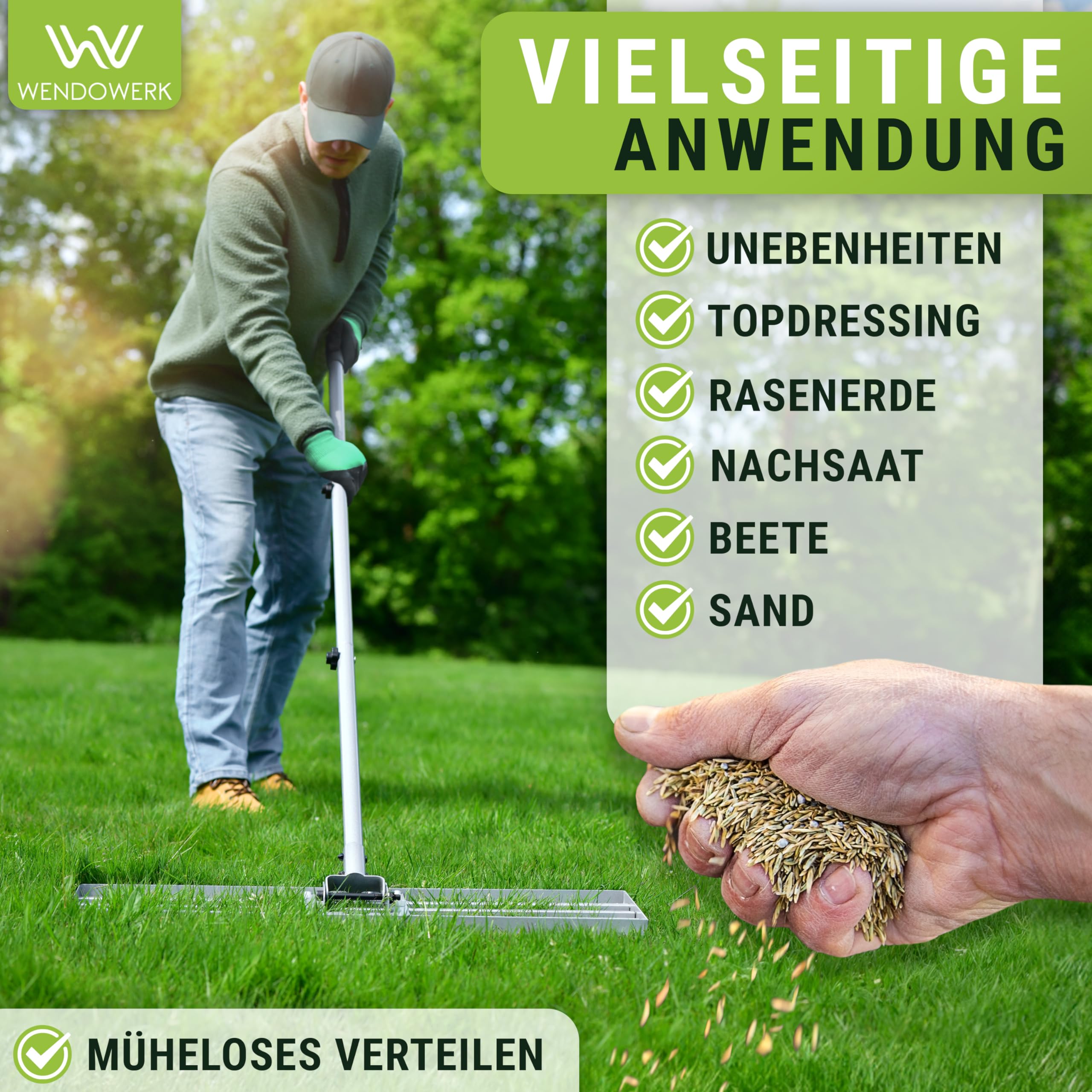 WENDOWERK® Rasen Rakel 80x30cm 2 Meter Stiel mit Gartenhandschuhe