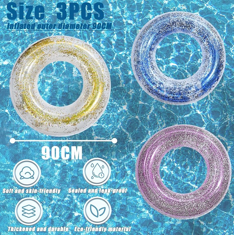 yayafunfun Fényes Úszógumi Szett 3 db - 70/90 cm Átmérőjű PVC Felfújható Úszógyűrű Gyerekeknek és Felnőtteknek, Medencébe, Strandra