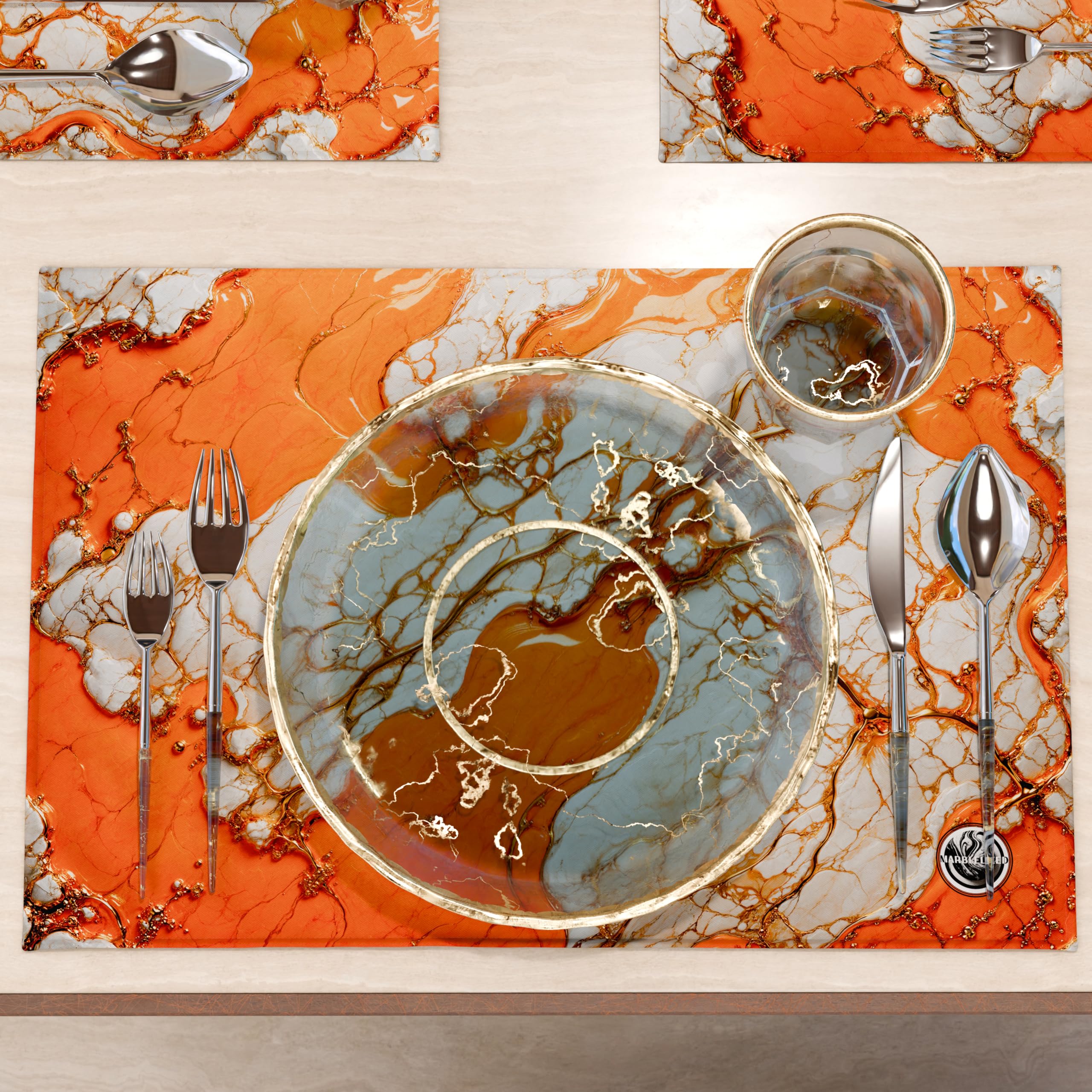 MARBLELIZED, Washable American Placemats, Orange Marble Effect Fabric Placemats, Set of 2 (30 x 45 cm), Elegant - Image 3