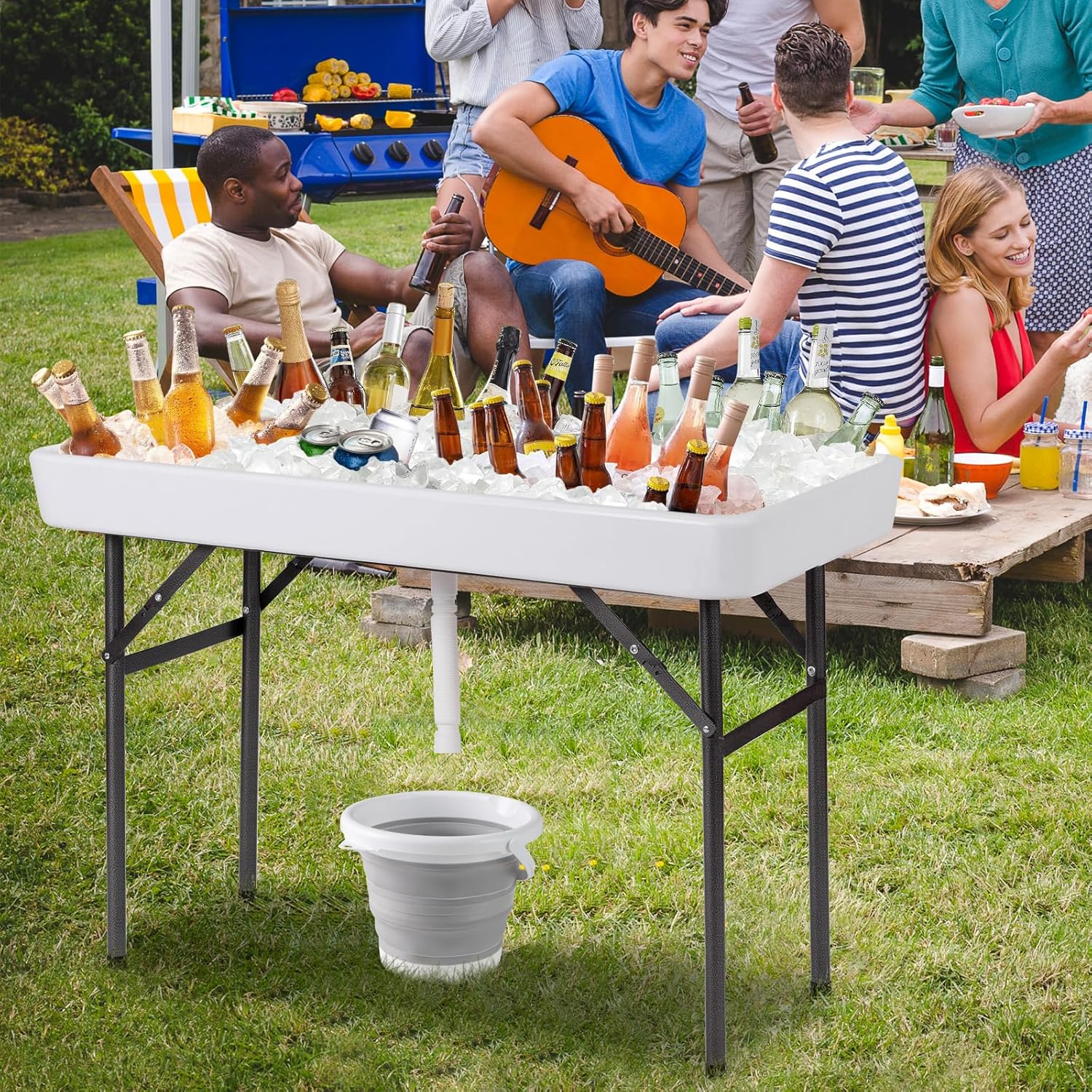 4 Foot Ice Tables for Parties with Drain, Ice Cooler Folding Table with Removable Matching Skirt, Party Ice Bin Table, Cooler Table Outdoor, Folding Picnic Table for BBQ, Camping, White