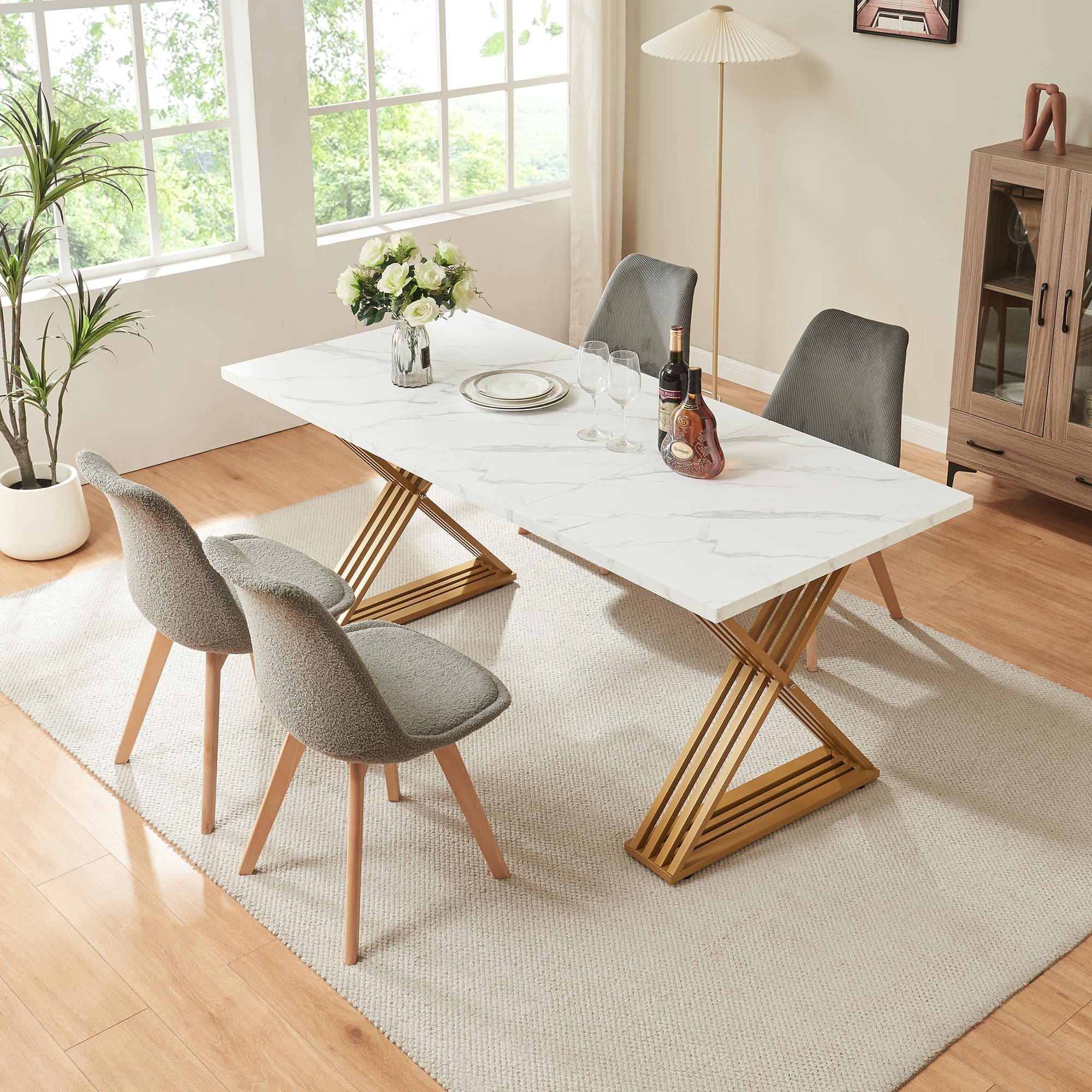 [en.casa] Tavolo da Pranzo fino a 6 Posti con Gambe a X in Metallo Dorato Tavolo Elegante per Sala da Pranzo Cucina 180x80x75 cm Effetto Marmo Bianco