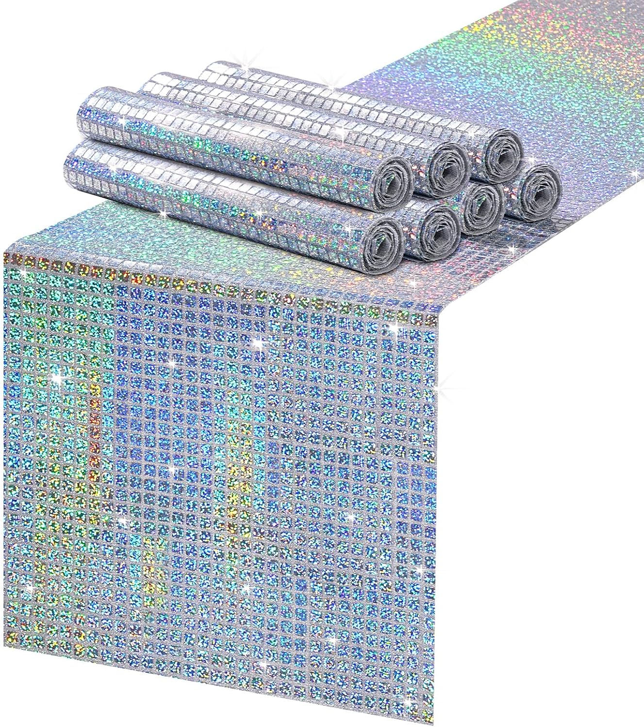 MoKoHouse Glitter Laser Silver Disco Party Table Runner: 8 Packs 13 x 72 Inches - Mirror Iridescent Sequin Table Runners for Retro 70s 80s Theme Disco Ball Birthday Bachelorette Party Decorations