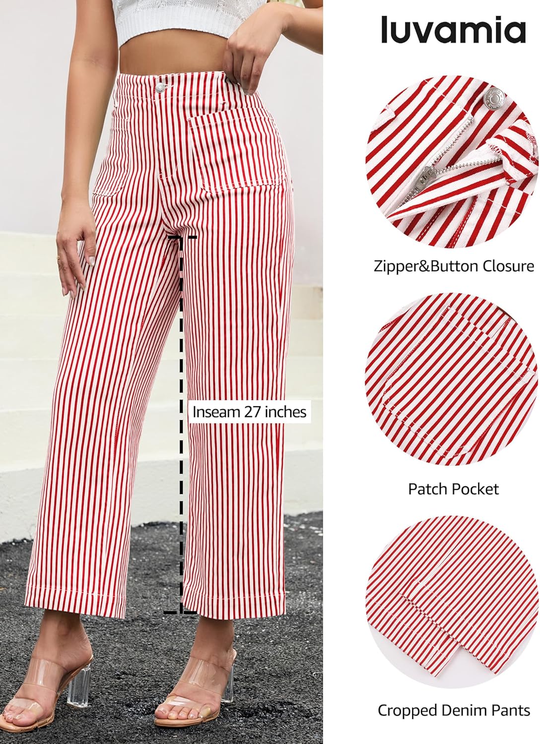 luvamia Striped Jeans for Women Trendy High Waisted Cropped Wide Leg Pants Stretchy Denim Patch Pocket Pinstripe Pants - Image 4