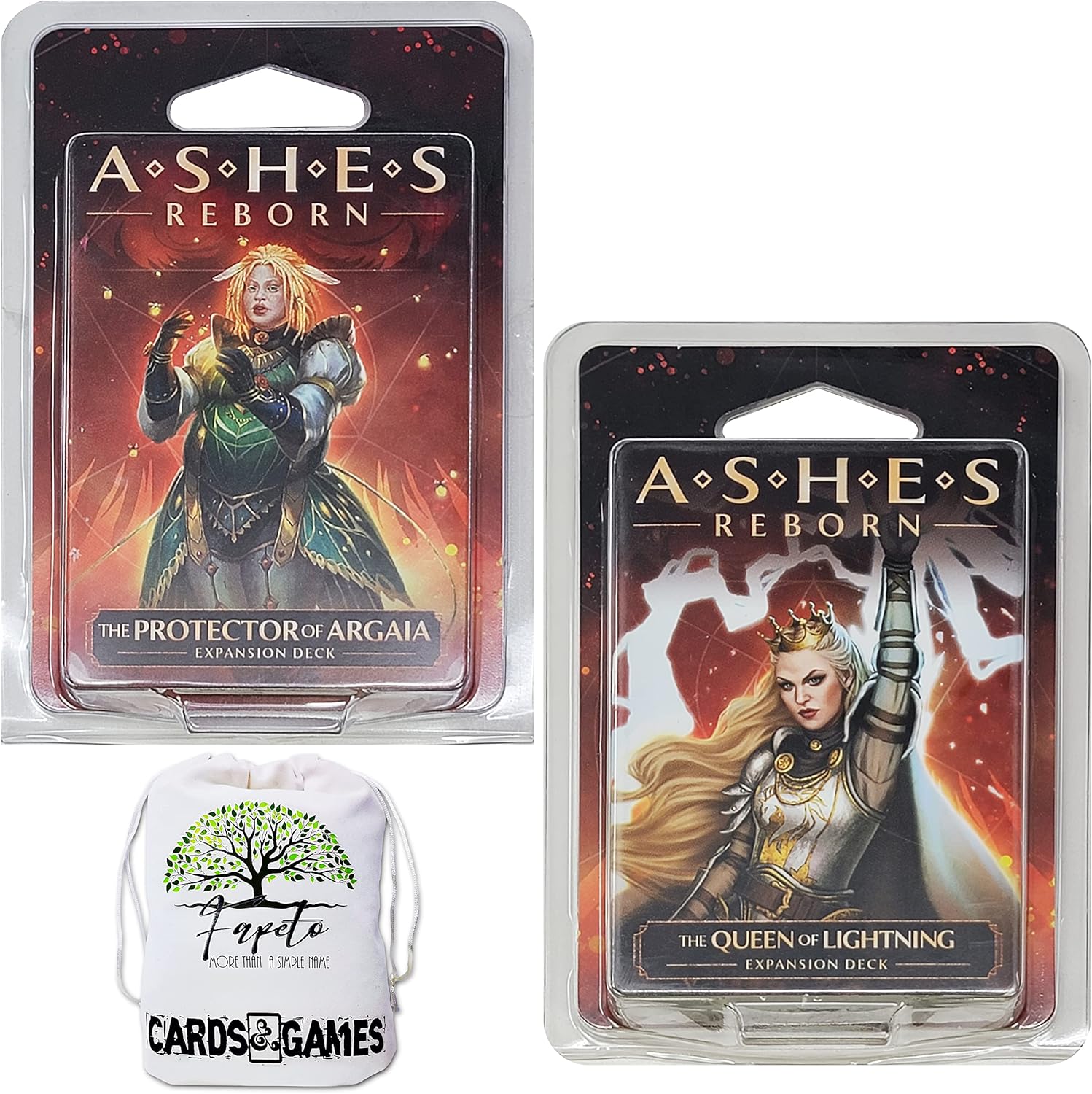 Drawstring Bag Bundle with Ashes Reborn Expansions Pre-Built Deck: The Protector of Argaia, The Queen of Lighting