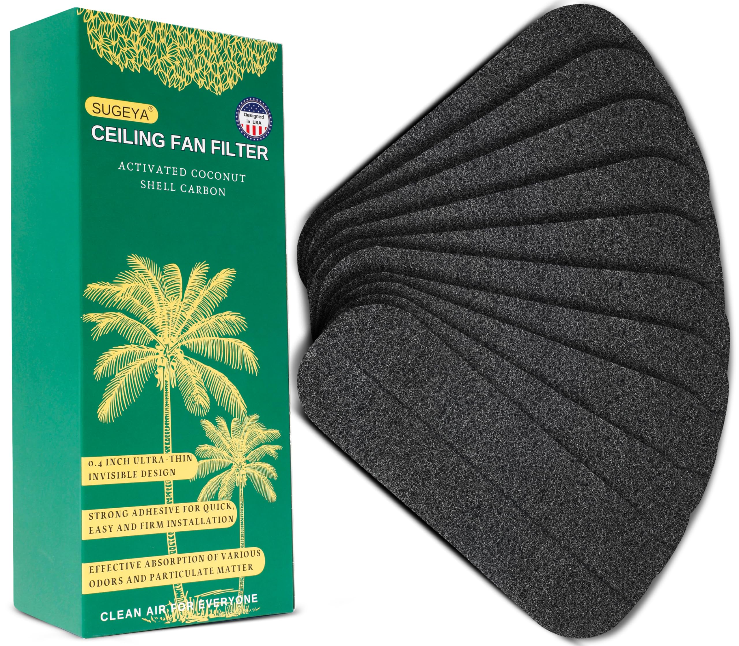 10 Pack Ceiling Fan Filters for Blades, Activated Coconut Shell Carbon Ceiling Fan Air Filter, Odorless Coconut Carbon Filter for Eliminating Household Pollutants and Purifying Odors