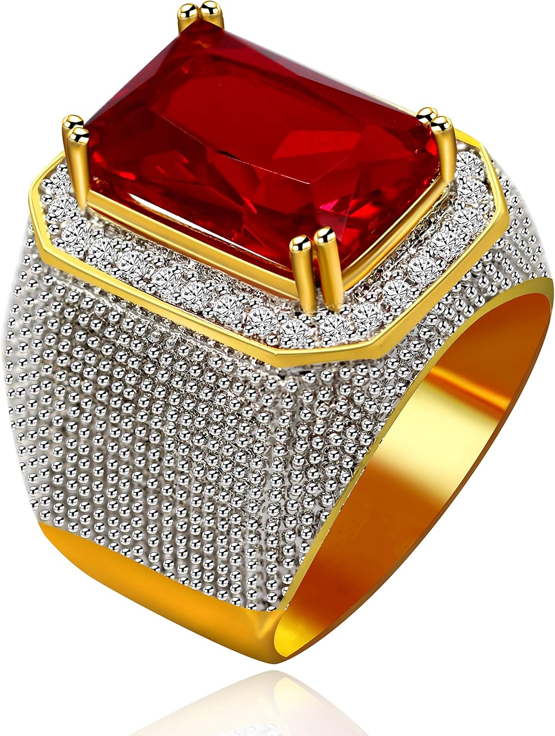 Uloveido Men's Gold Plated Emerald Cut Simulated Onyx Ring Wedding Band Super Big CZ Hip Hop Rings RA408