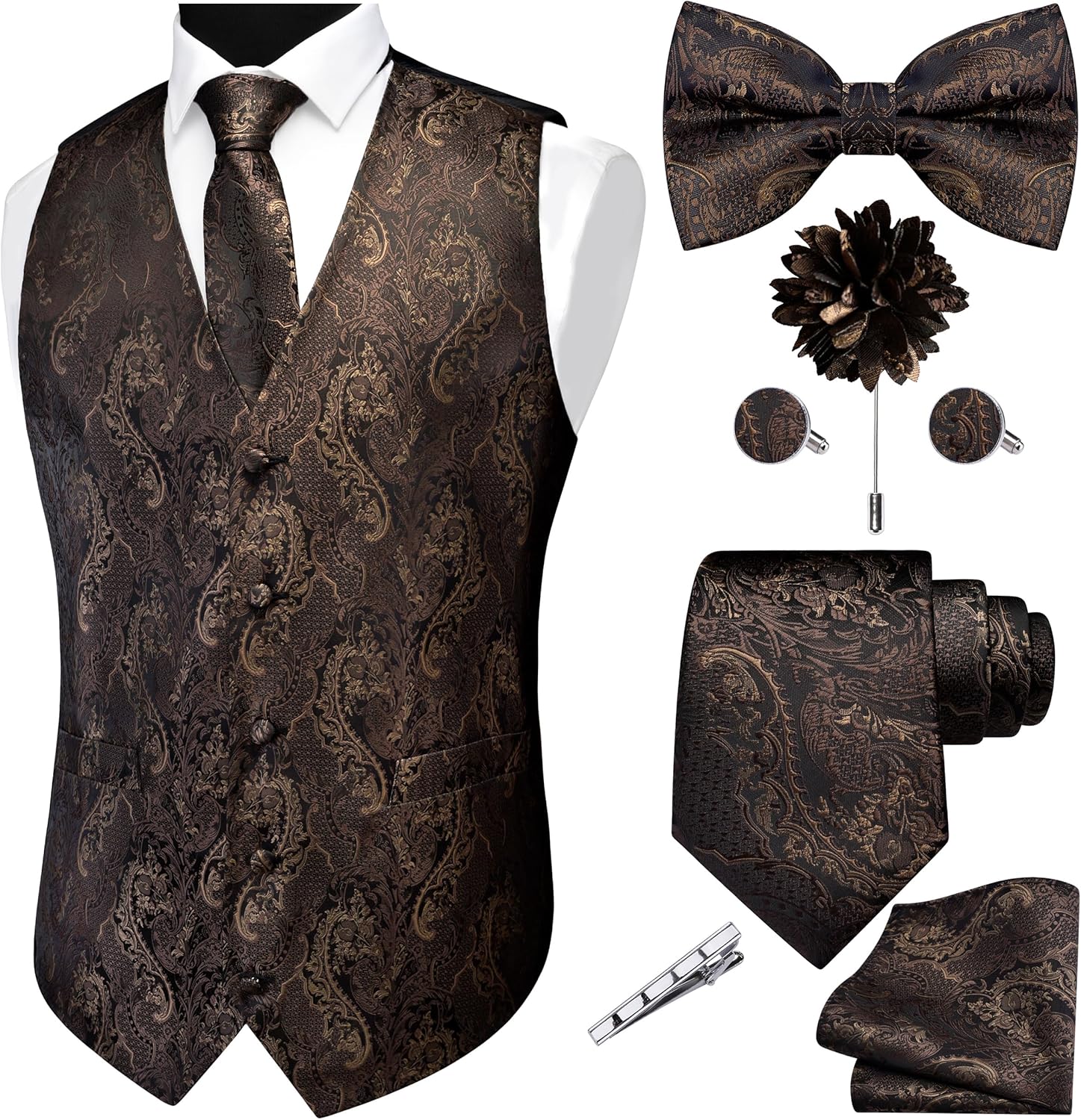 GUSLESON Fashion Vest for Men Paisley Jacquard Tie Waistcoat Bow tie Hanky Lapel Pin Cufflinks Set Wedding 7PCS