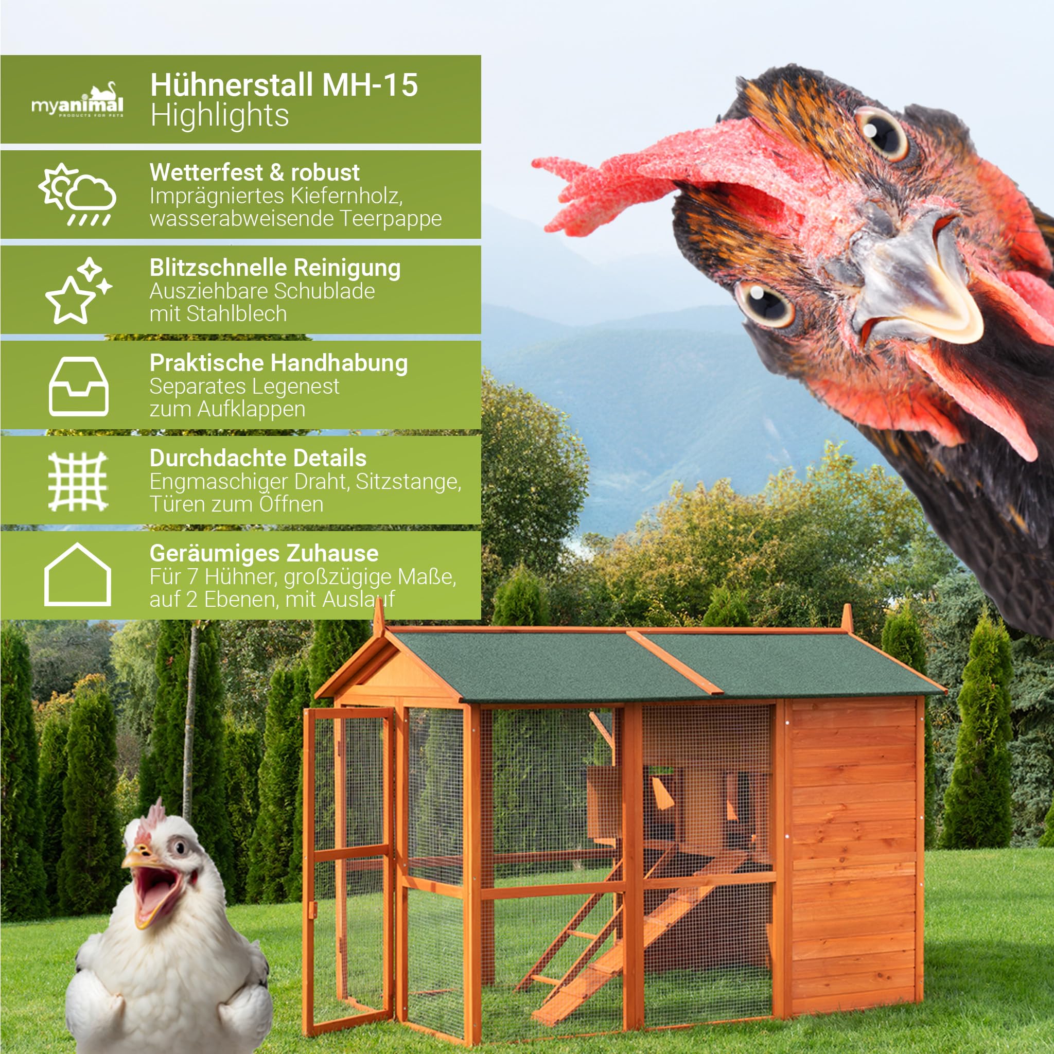 Miweba MyAnimal Hühnerstall XXL für 7 Hühner | 186x146x147 cm Winterfest - Vogelhaus - Hühnergehege mit Nistkasten - Voliere - Hühnerhaus - Freilaufgehege Huhn - Legenest - Vogelvoliere (Braun)