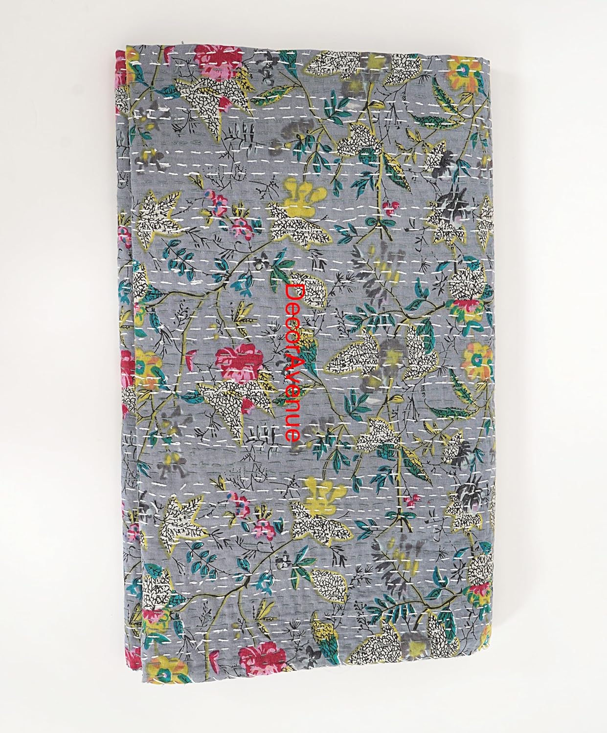 Hand-Stitched Bohemian Kantha Quilt Paradise Print Cotton Bedspread Lightweight Reversible Throw Blanket, Vintage Style Bedding for All Seasons, Color - Gray, Size King 108" x 108" inches