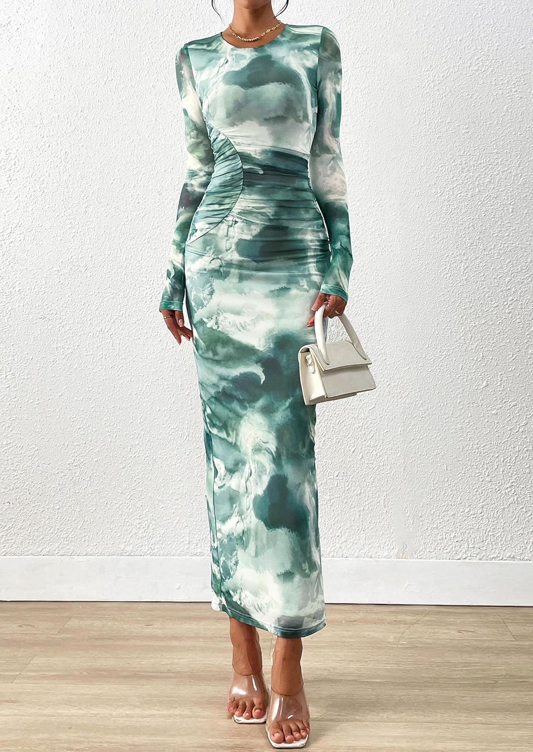 PRETTYGARDEN Wedding Guest Dresses for Women Spring Long Sleeve Ruched Bodycon Floral Mesh Cocktail Party Fall Maxi Dress - Image 4