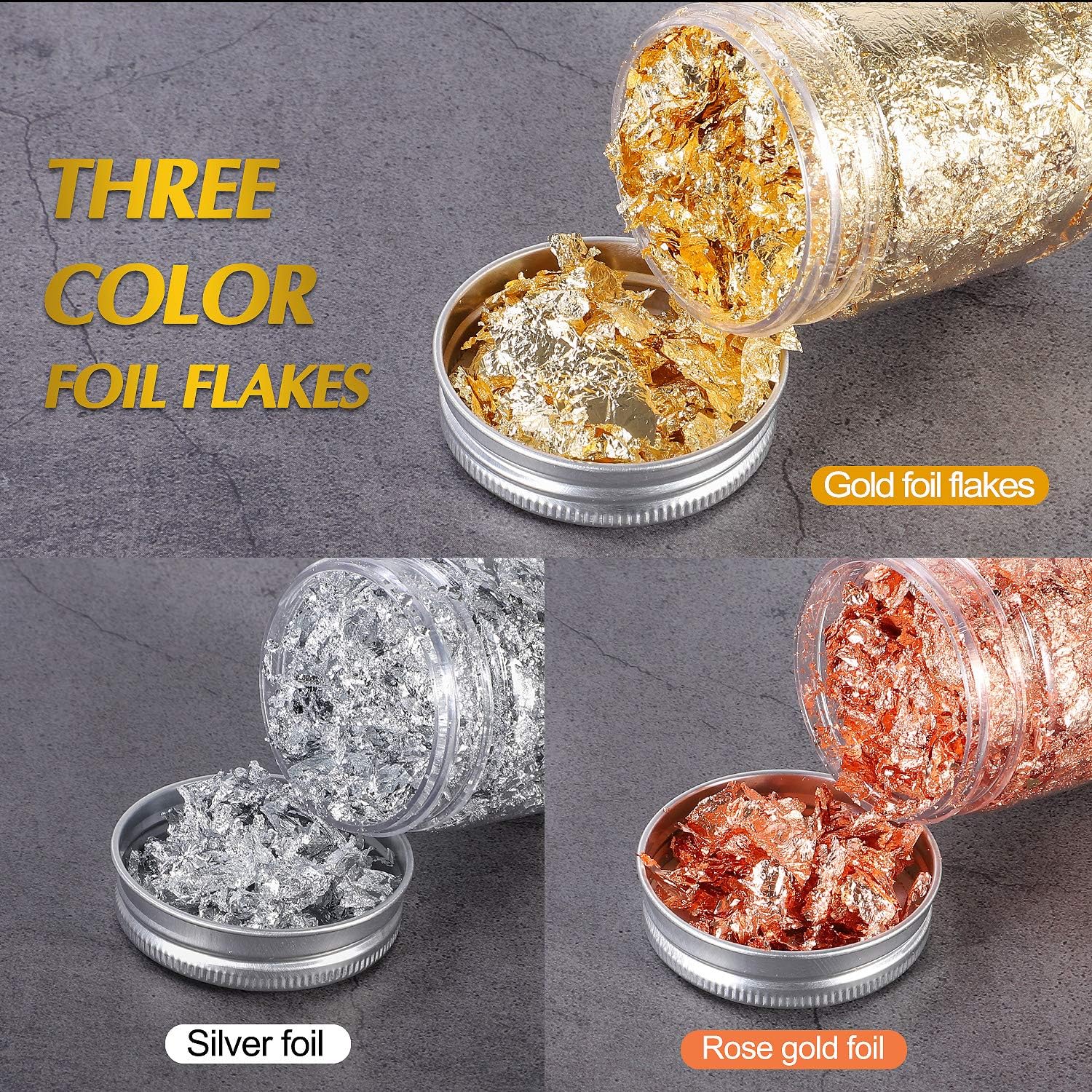 Gold Foil Flakes for Resin,3 Bottles Metallic Foil Flakes 30 Gram,YULIKTOR Imitation Gold Foil Flakes Metallic Leaf for Nails, Painting, Crafts,Slime and Resin Jewelry Making,Gold,Silver,Copper Colors