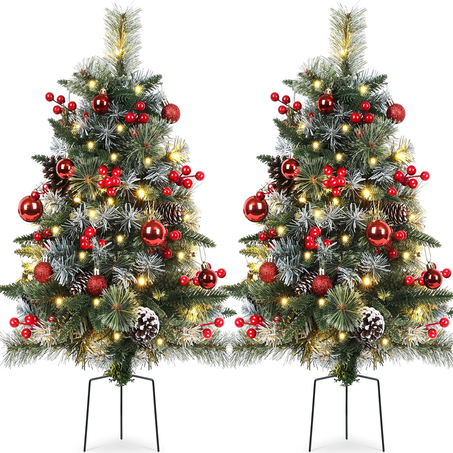 2 Packs 30in Frosted Outdoor Christmas Trees, Pre-Lit Battery Operated Fake Xmas Tree Holiday Decor with Stake, Multi-Color & WW Waterproof String Lights, Red Berries & Balls, Pine Cones Frosted With Red Berries