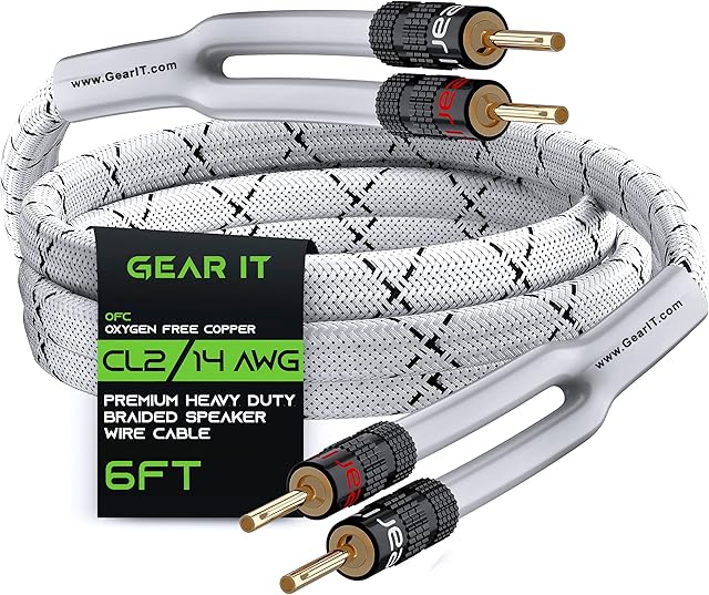 GearIT 14AWG Premium Heavy Duty Braided Speaker Wire (6 Feet) with Dual Gold Plated Banana Plug Tips - Oxygen-free Copper (OFC) Construction, White