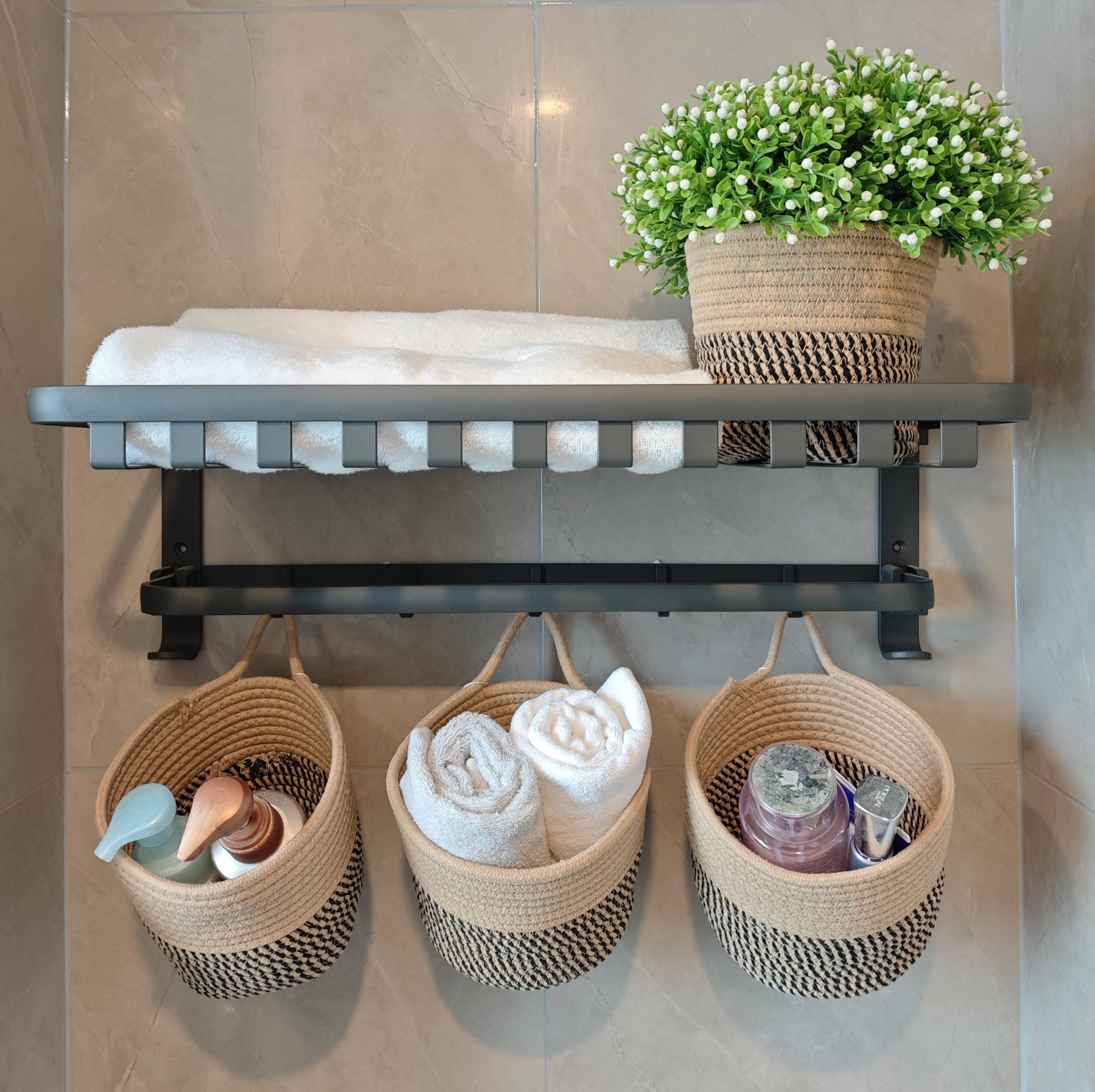 RUIYIZIXIN 2 Pack Hanging Basket Organizing,Small Wall Baske with Hooks,Cotton Rope Woven Hanging Storage Basket for Living Room Bedroom Kitchen Bathroom,Boho Baskets for Wall Decor