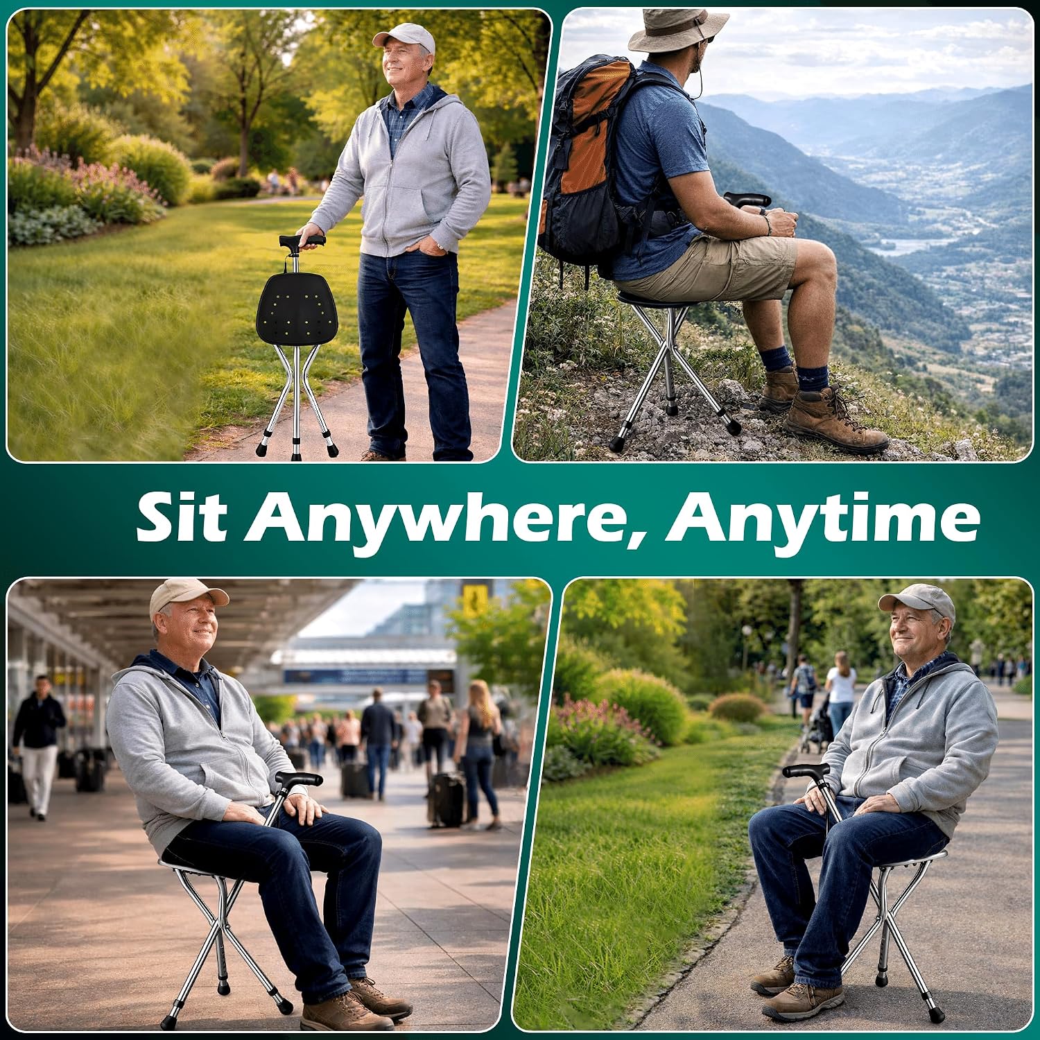 Hold 330 lbs Folding Canes with Seat Walking Stick - Lightweight Adjustable Walkers for Seniors with Seat, LED Light - Portable Sturdy Non Slip Canes for Women and Men - Elderly Folding Outdoor Chairs