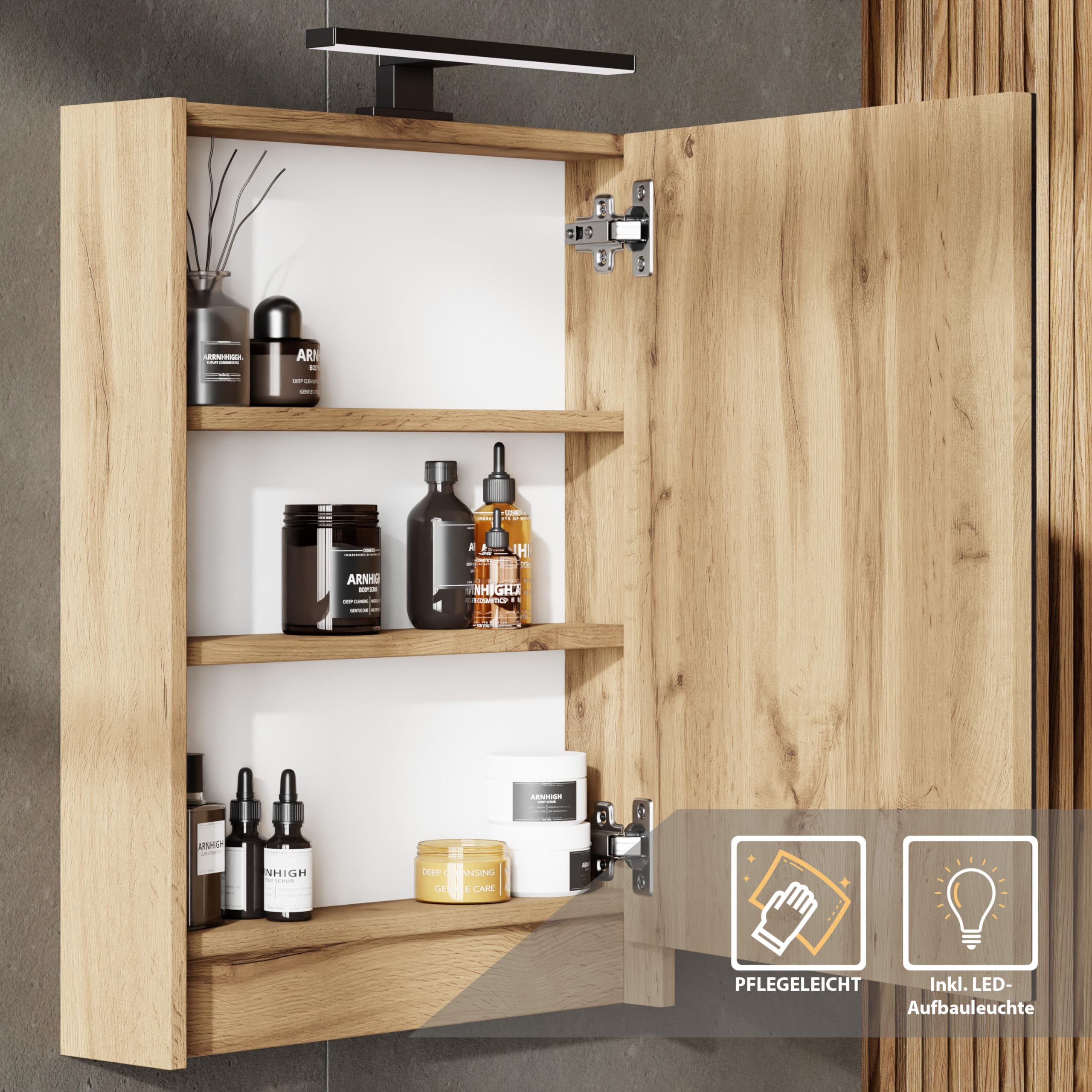 Planetmöbel Waschbecken mit Unterschrank 50 cm Wotan Eiche, Spiegelschrank Bad mit Beleuchtung 50 cm, Waschtisch Badmöbel Gäste WC Set, 2 teilig