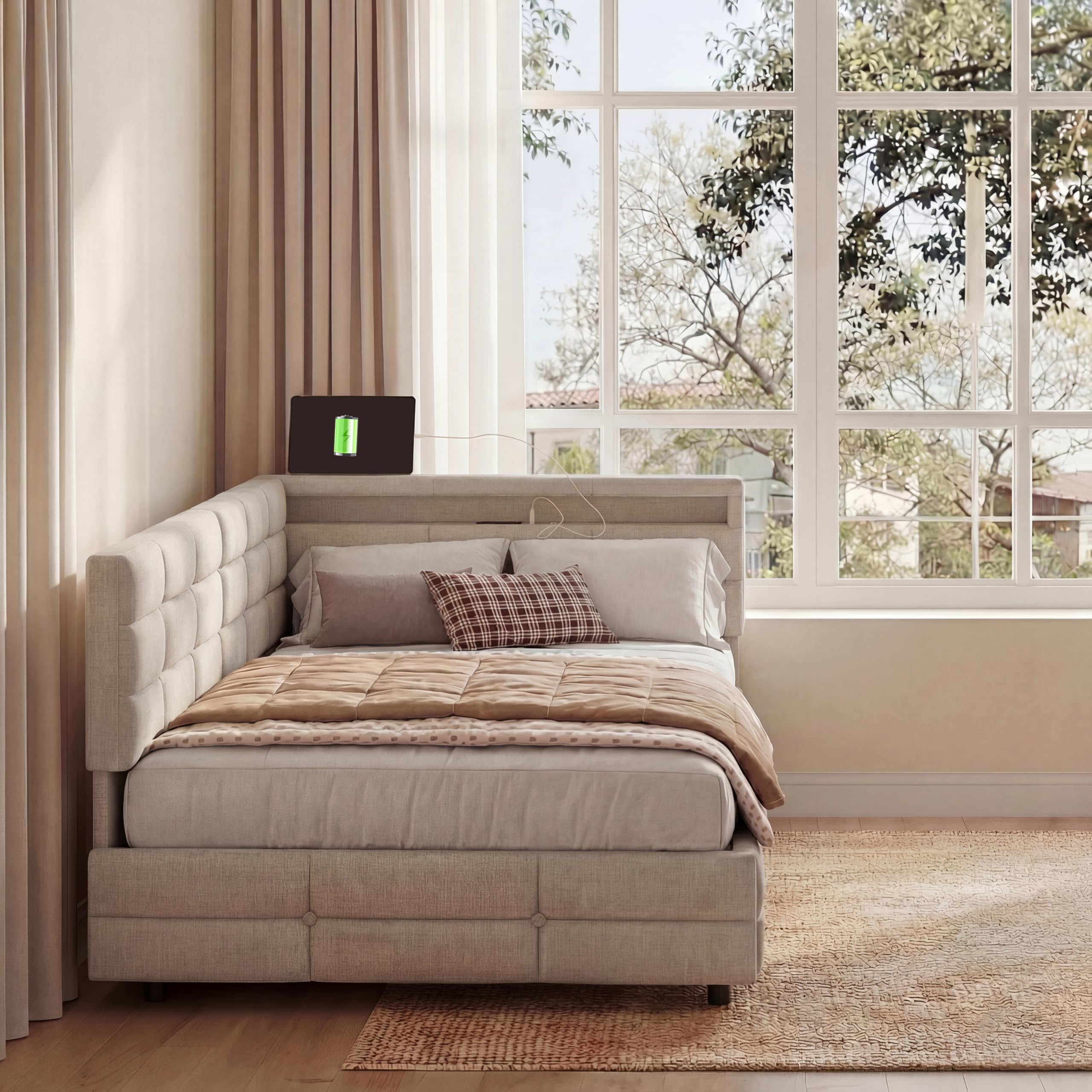 Letto angolare Divano Letto 140 x 200 con 2 cassetti, LED, presa USB, letto panca con testa reversibile e rete a doghe per soggiorno/studio/camera da letto, tessuto lino, senza materasso