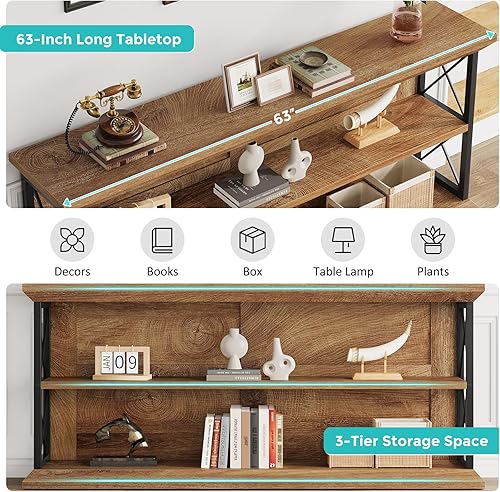 Miniatura 6 de Mesas consola de 63 pulgadas de largo para entrada con almacenamiento de 3 niveles, mesa de sofá de madera detrás del sofá para sala de estar,