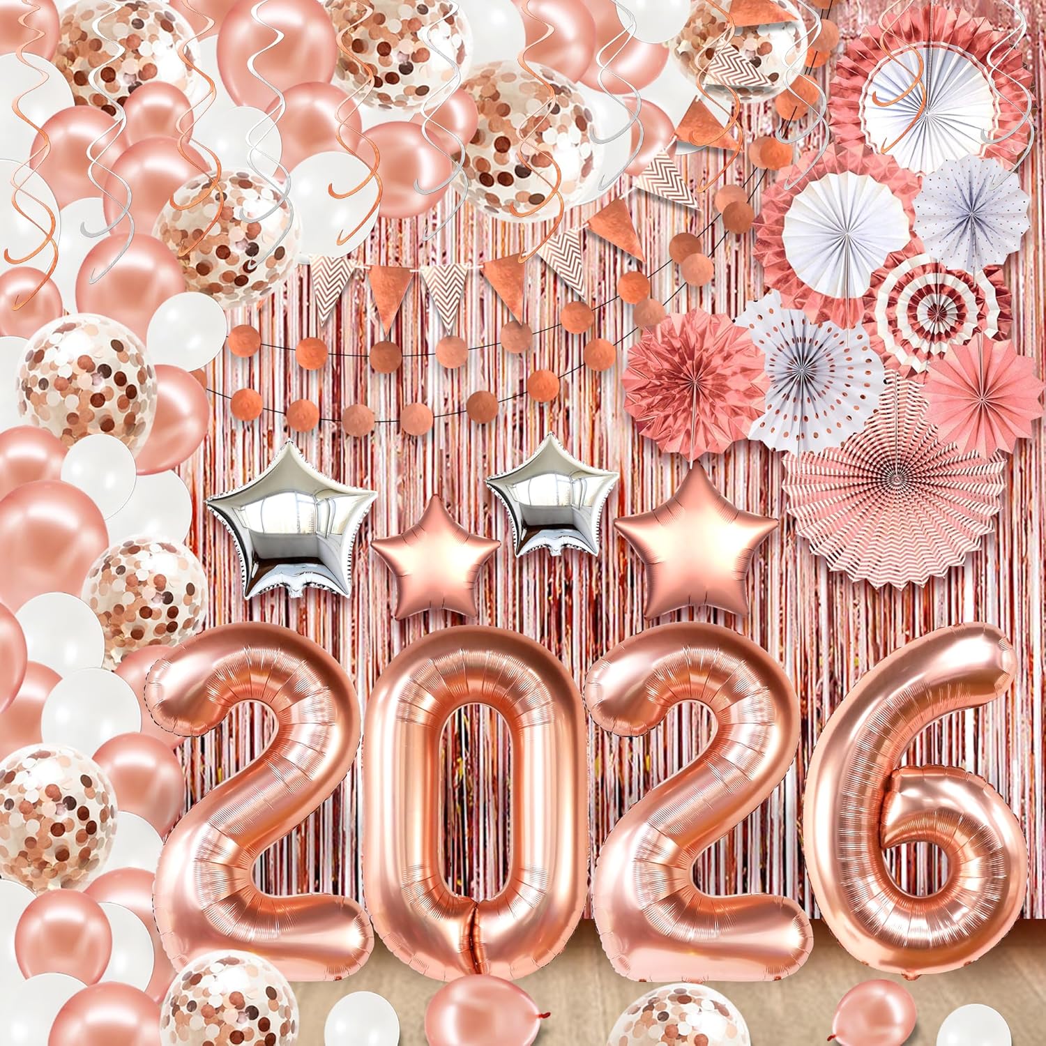 KatchOn, Rose Gold Birthday Decorations Set - Huge Pack of 145 | Rose Gold Fringe Backdrop, Balloons, Garland for Birthday Decorations, New Years Decorations 2026 | New Years Eve Party Supplies