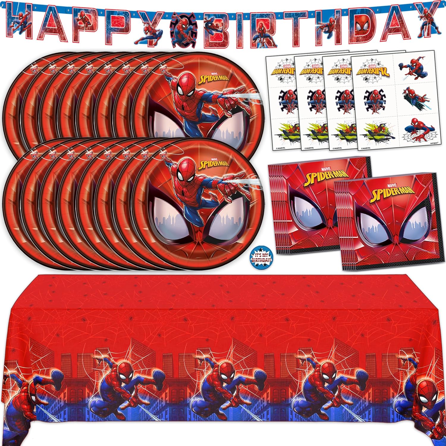 Spiderman Birthday Decorations | Serves 16 | Banner, Tablecloth, Tattoos, Plates, Napkins | Spiderman Party Decorations