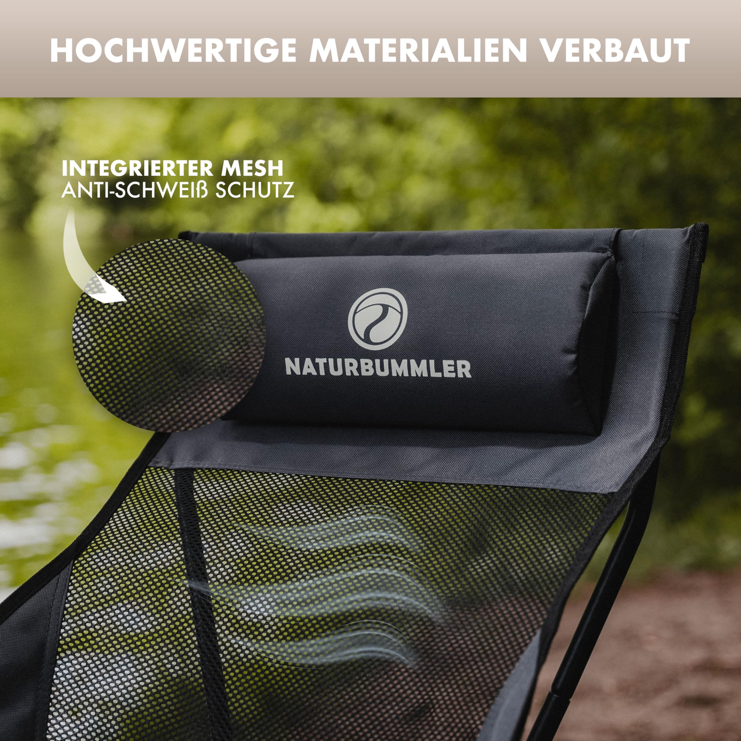 NATURBUMMLER Campingstuhl faltbar [Cloud Sit Light] – Ultraleicht (2,65 kg) & atmungsaktiv – inkl. Tragetasche – kompakter Klappstuhl 120 kg belastbar für Garten Angeln Outdoor (Grau)