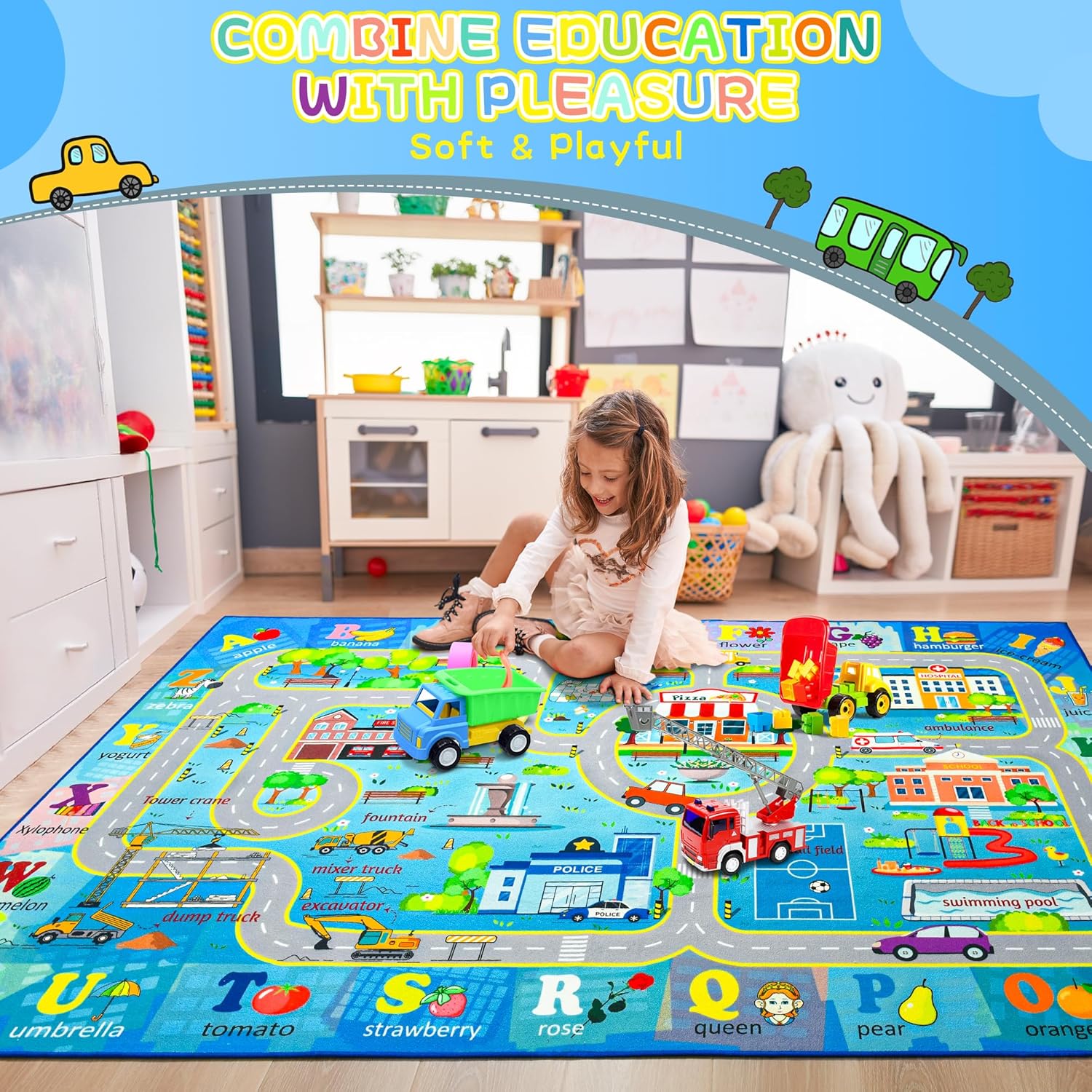 Chicrug 4x6 Car Road Area Rug for Kids Playroom Bedroom, Non Slip Low Pile Washable ABC Alphabet Carpet for Classroom, Track Play Mat for Toddler Children Nursery Baby Room Decor, Blue