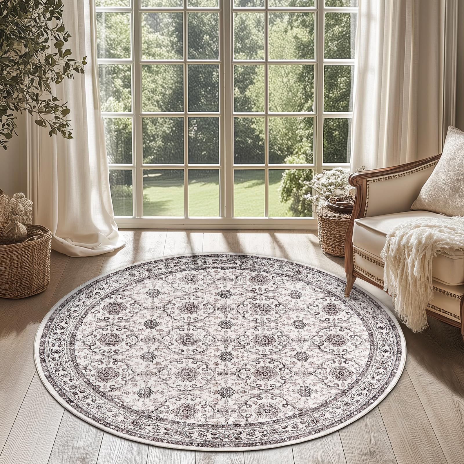 jinchan Round Rug 4ft Washable Circle Soft Rug - Low Pile Vintage 4'Round Indoor Beige Floral Print Stain Resistant Boho Carpet Ultra-Thin Non-Slip