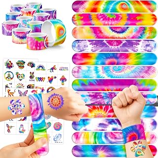 Cherisnowy 72PCS Tie Dye Party Set 48PCS Temporary Tattoos & 24PCS Slap Bracelets Colorful Birthday Supplies, Baby Shower Gifts, Classroom Rewards & Party Decor for Kids (Boys & Girls)