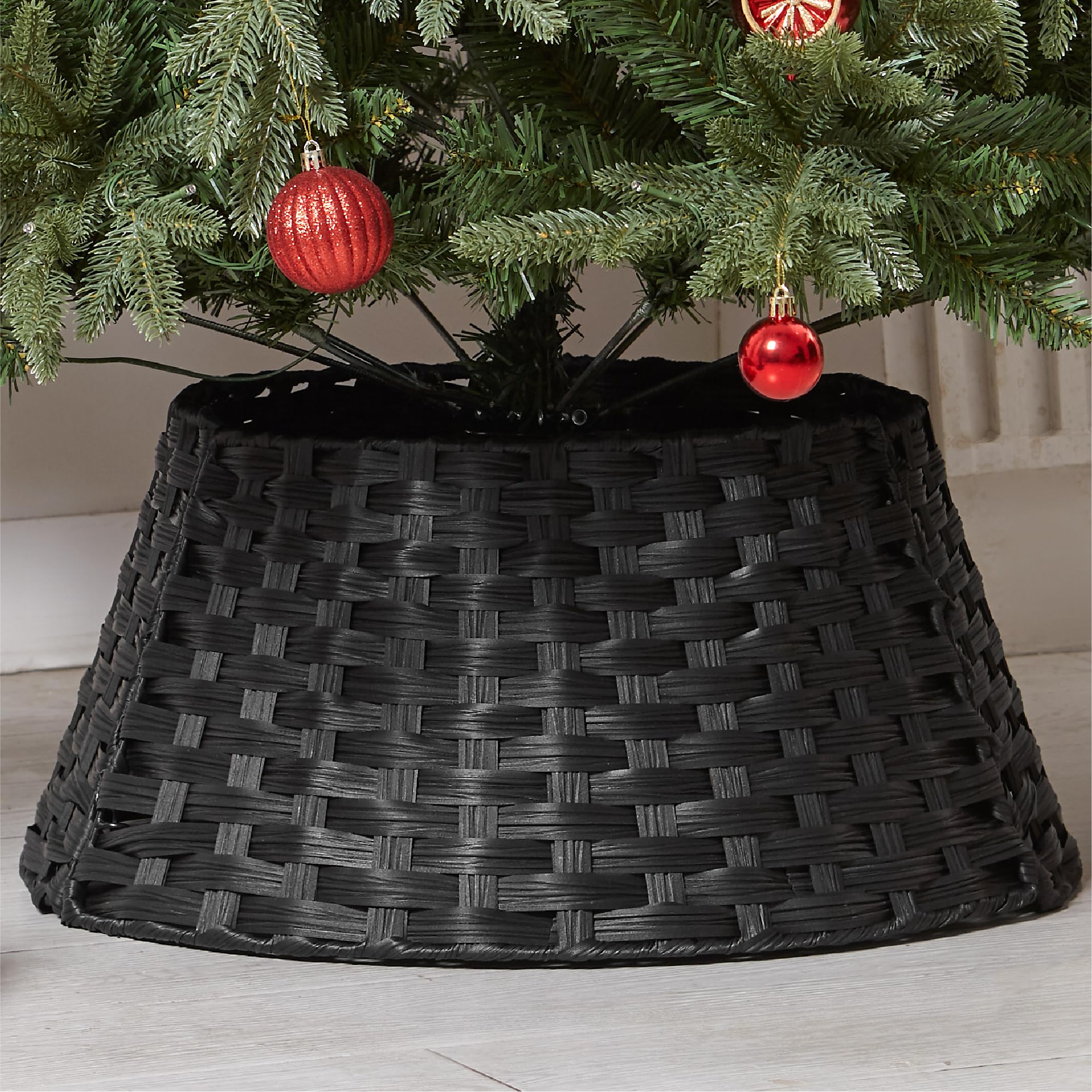 Black Christmas Tree Skirt Base Basket Christmas Rattan Tree Collar Xmas Basket Cover Decor Perfect for Indoor Home & Office Floor Use Ideal for Trees 7ft and Below Diameter 56cm