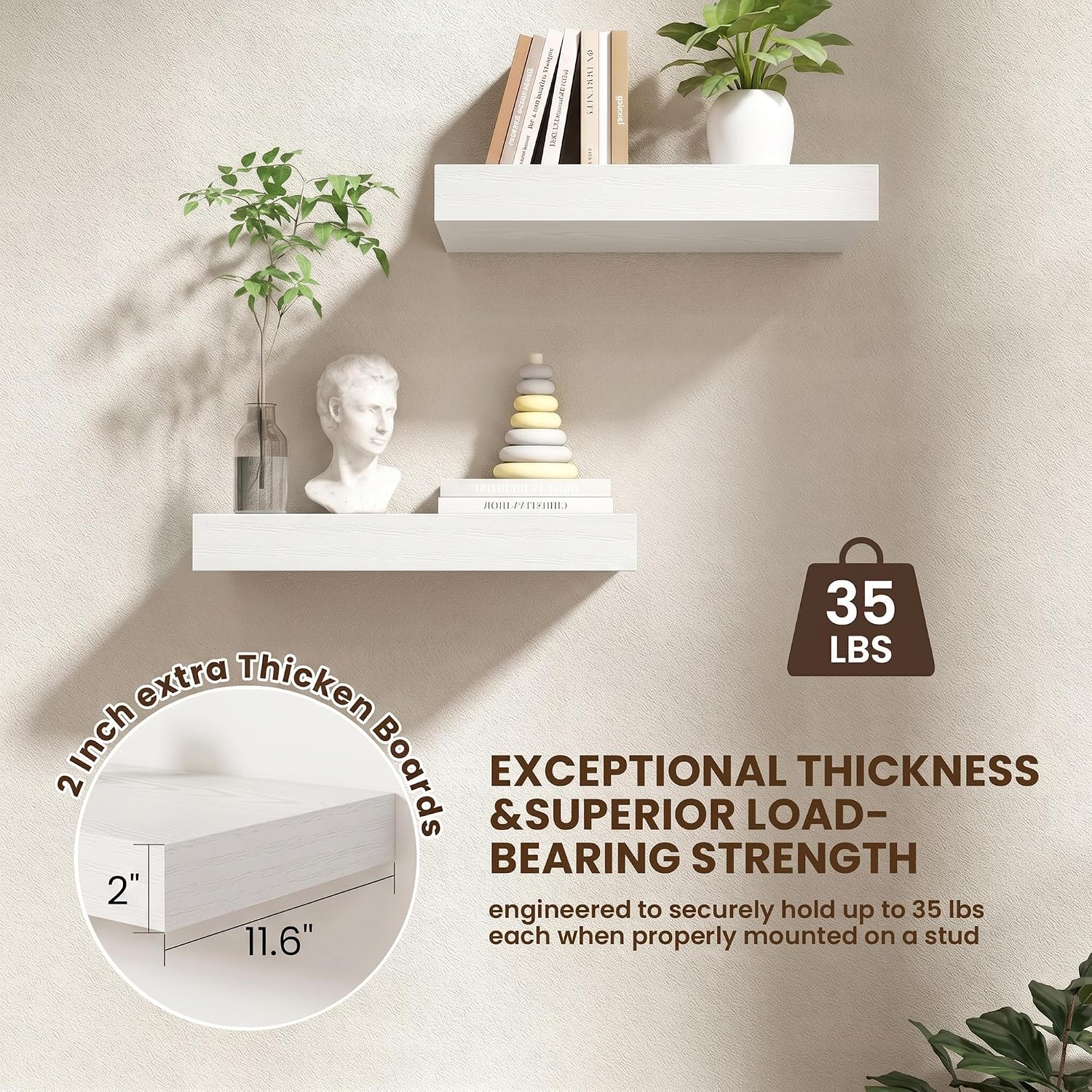 FLYJOE 20 Inch Floating Shelves, 12'' Deep White Shelves for Wall Set of 2 image 5