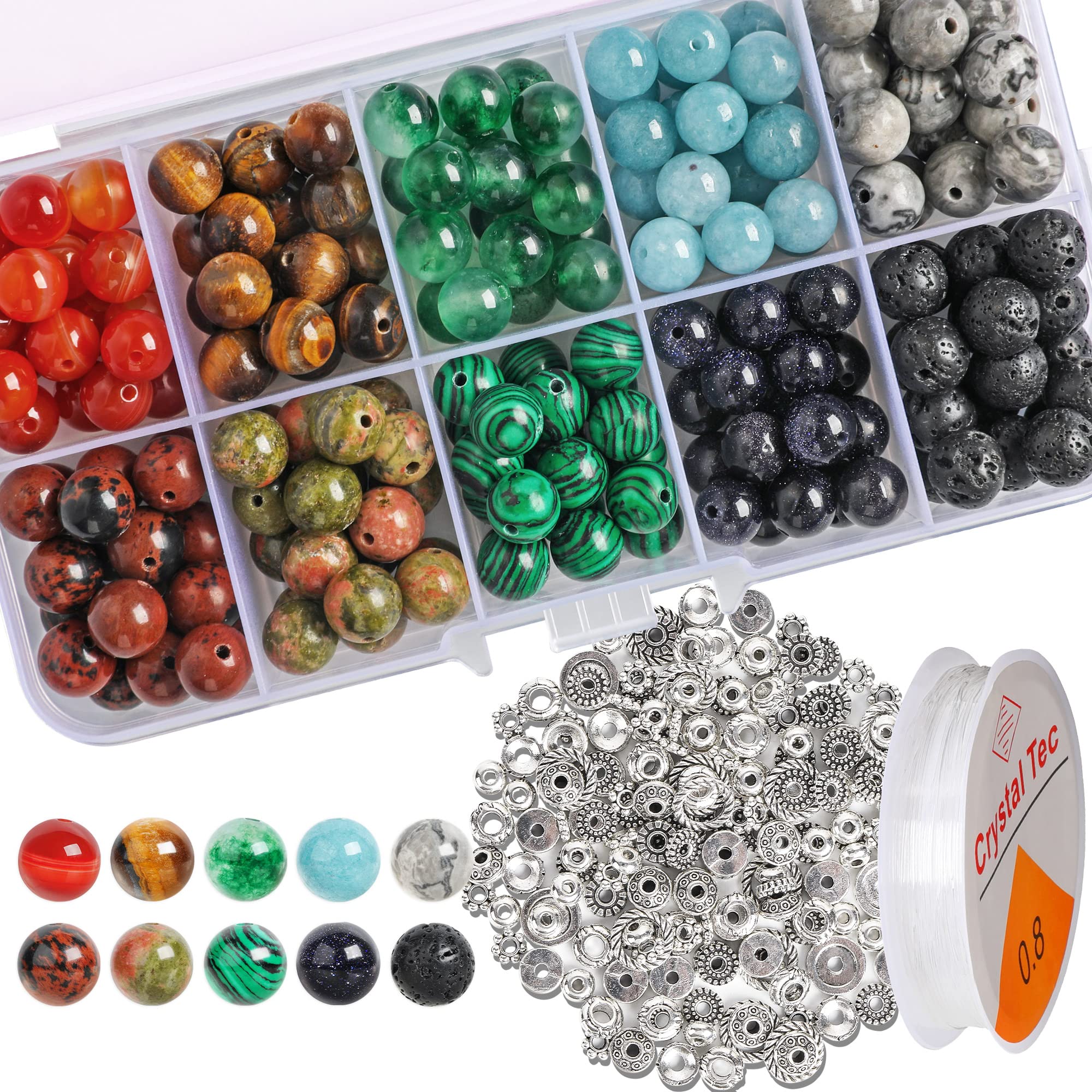 200 Perline Pietre Naturali 8mm Assortite - 10 Tipi Per Gioielli Fai Da Te, Bracciali, Collane