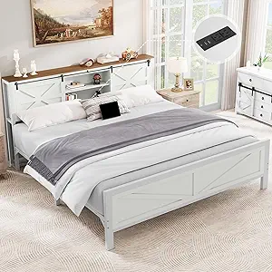 YITAHOME Farmhouse King Size Bed Frame with Headboard, Bookcase Storage Shelves, Sliding Barn Door, Charging Station, Rustic Wood Platform Bed, No Box Spring Needed, White