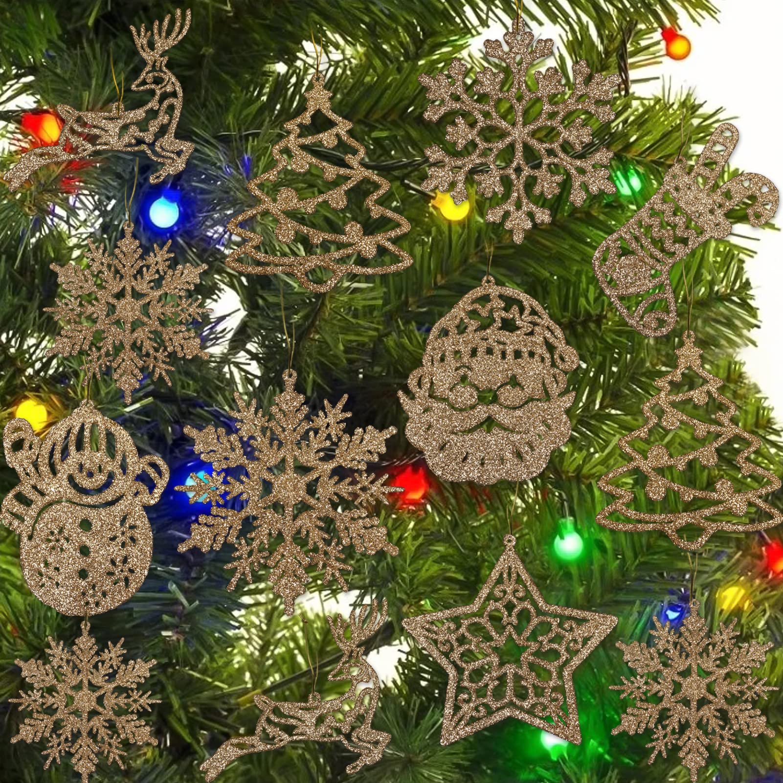 Champagne Snowflake Ornament for Christmas Tree Decorations - 42pcs Plastic Glitter Champagne Gold Snowflake Sock Reindeer Santa Snowman Assorted Sizes Hanging Decor for Winter Wonderland Xtmas Tree