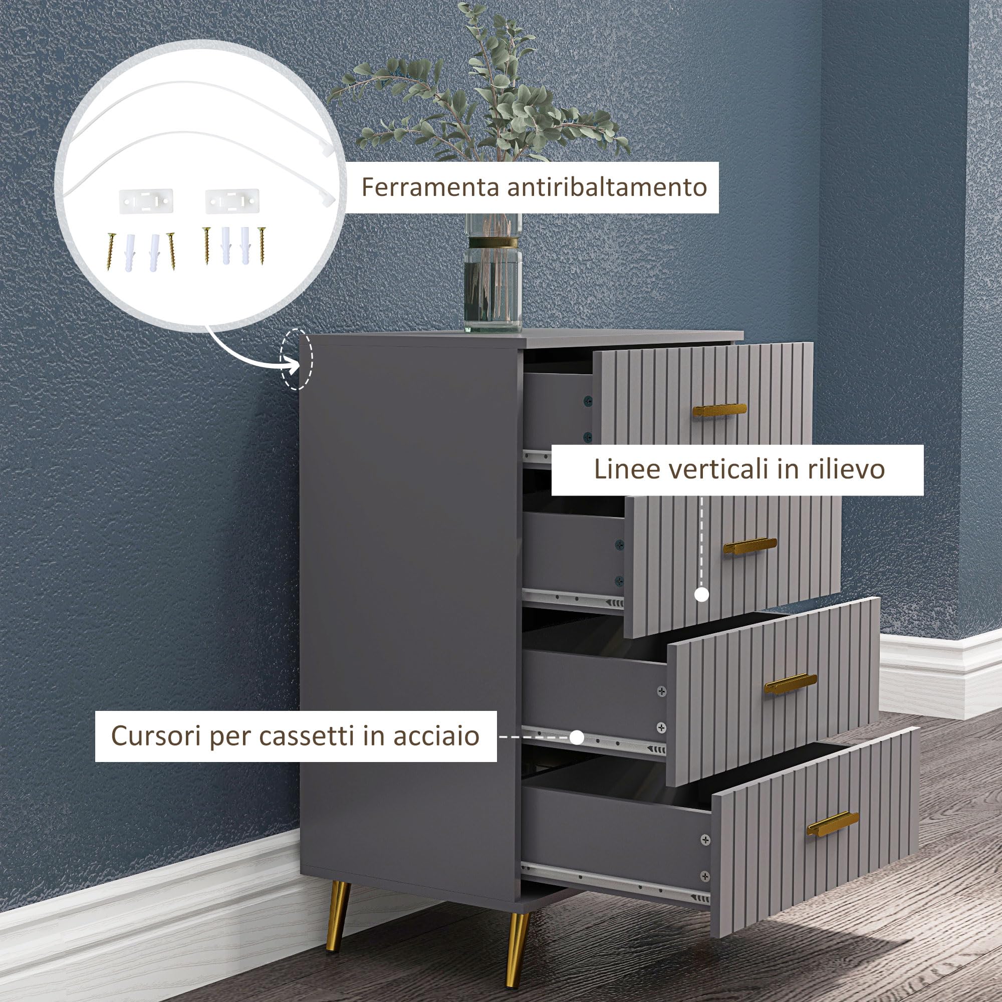 HOMCOM Cassettiera 4 Cassetti Moderna, 60x40x90 cm, Oro e Grigio Scuro