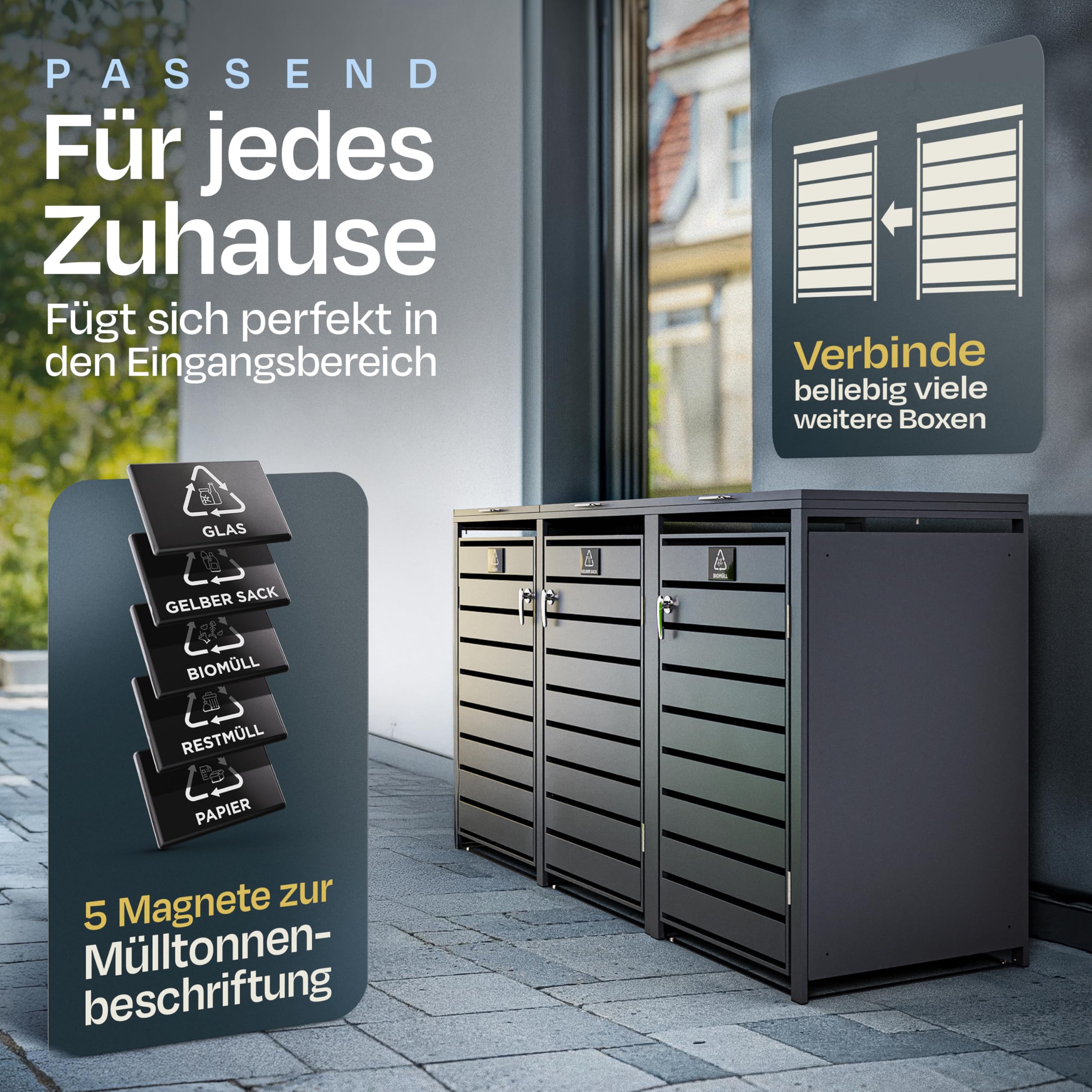 EDELFELD - Wetterfeste Mülltonnenbox für 3 Tonnen [bis 240L] - Abschließbare Mülltonnenverkleidung aus massivem Stahl - 3er Mülltonnenbox mit Soft Close - Inkl. Magnete zur Müllbox Beschriftung