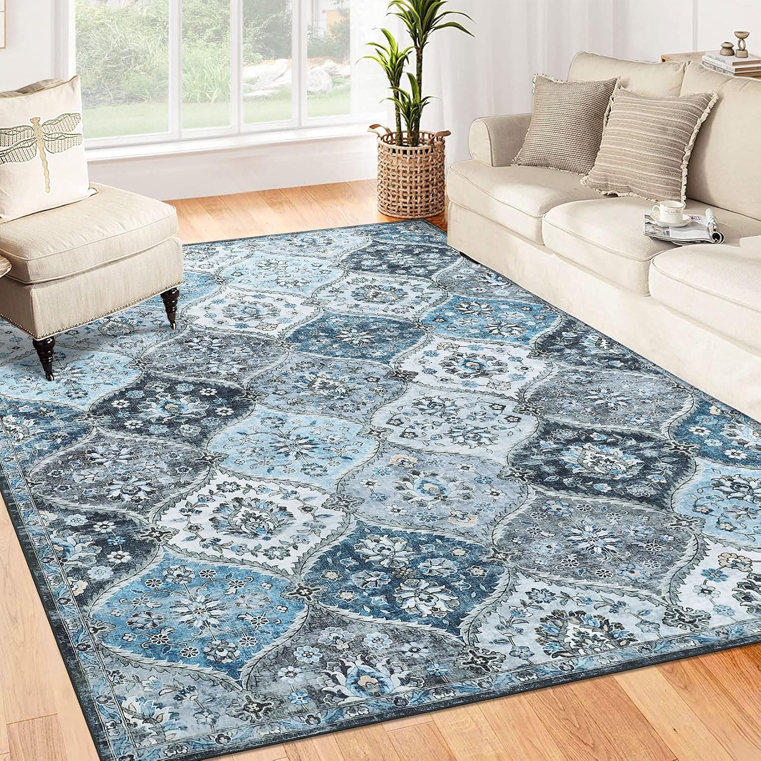 COZYLOOM Washable Rug 5x7 Rug for Living Room Moroccan Trellis Rug Non Slip Throw Rugs Vintage Large Bedroom Rugs Low Pile Non Shedding Stain Resistant Carpet for Dining Room Nursery 5'x7' Blue/Grey