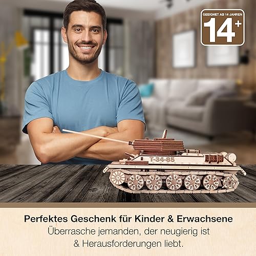 Miniatura 5 de EWA Eco Wood Art 3D Puzzle de madera para adultos y adolescentes - T-34-85 Tanque 965 piezas - Modelo con motor de banda de goma, kit de bricolaje