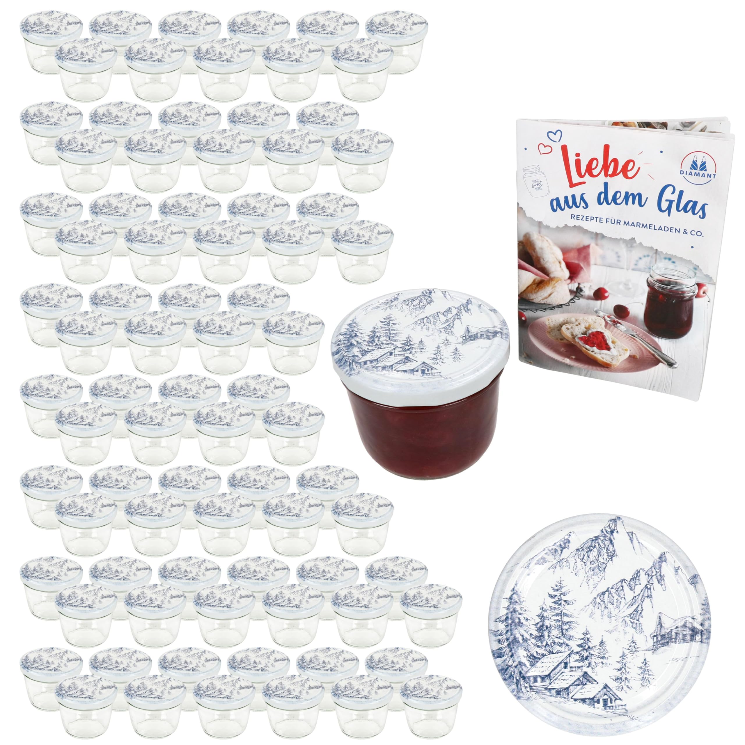 MamboCat Lot de 100 bocaux en verre de 230 ml avec couvercle à visser Alpen I Bocaux de conservation + 82 couvercles avec recette de sucre diamant I Bocaux de conservation et stérilisation