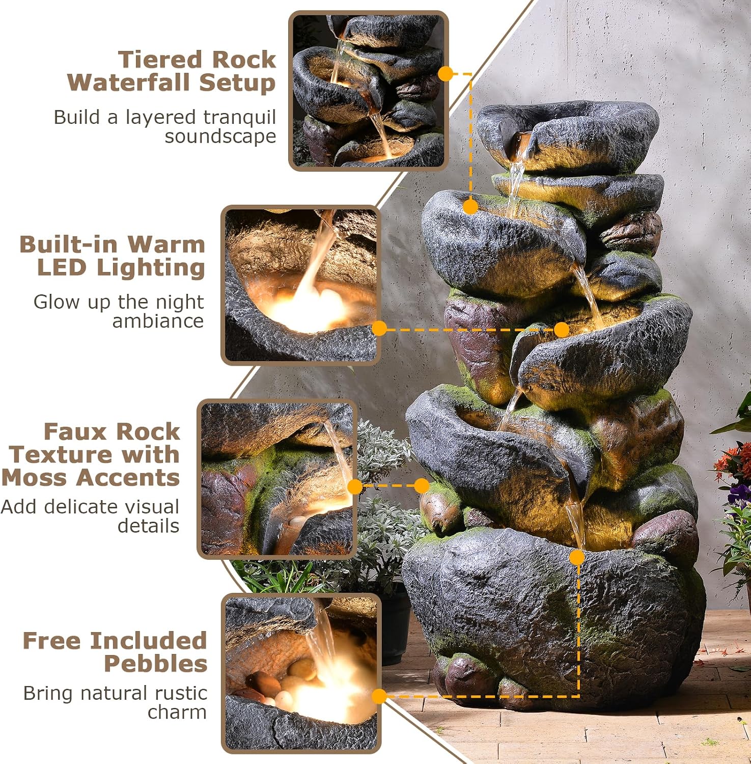 36.2''Tall Rock Outdoor Water Fountain, 5 Tiers Cascading Natural Outdoor Fountains and Waterfalls with LED Lights, Water Feature for Garden, Patio, Deck, Backyard Decor